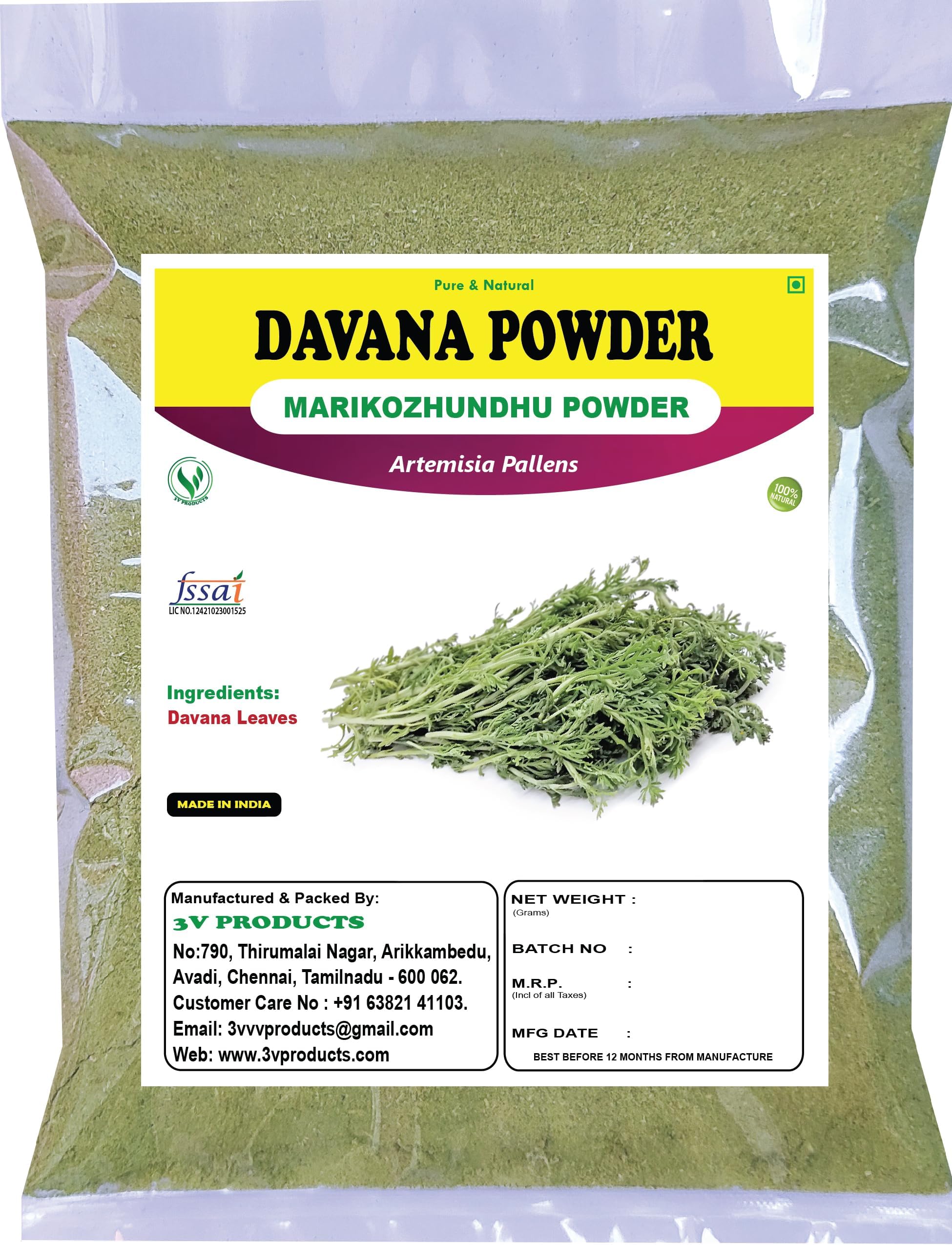 3V PRODUCTS Davana Powder 200g | Marikozhundhu | Davanam | Artemisia Pallens (Pack of 2x100g)