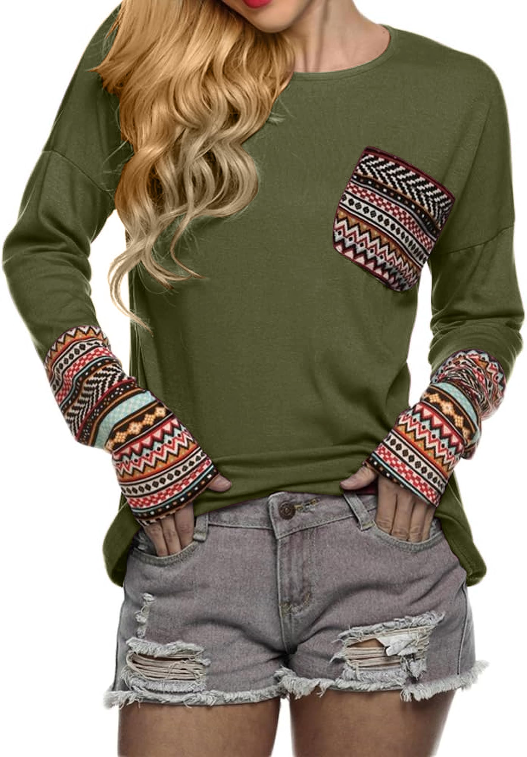 POGTMM Women's Fall Fashion 2024 Long Sleeve Tops Crewneck Patchwork Basic T-Shirts Blouse Tunic Tops with Thumb Holes