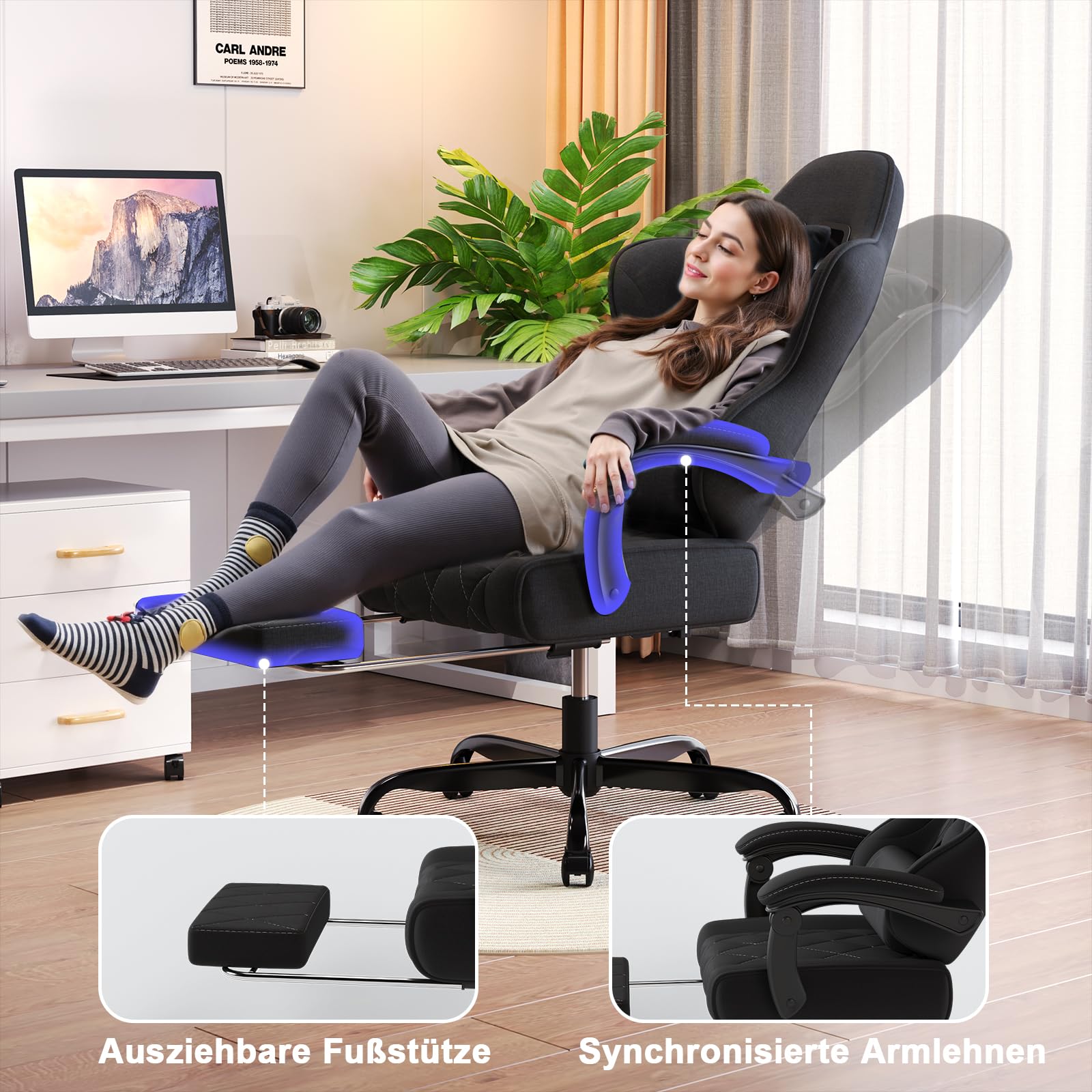 Devoko Gaming Stuhl Stoff ergonomisch mit Massagefunktion und Fußstütze, Taschenfederkernpolster, 135° verstellbar, atmungsaktiv für Home Office oder Gaming Zimmer schwarz