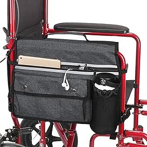 Wheelchair Storage Bag, Double-Sided Armrest Pouch with Cup Holder and Reflective Strip, for Wheelchairs and Walkers, Father&#39;s &amp; Mother&#39;s Day Gifts (Black)