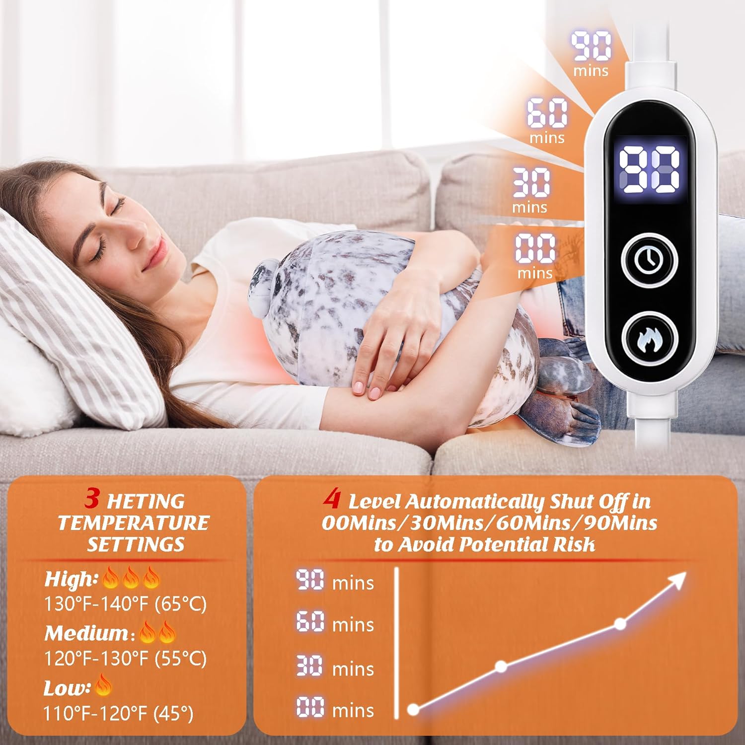 Electric Heating Pad for Period Cramps, Cuddly 14'' Seal Plush with a Hot Soft Belly USB Powered, Menstrual Heating Pad Neck Shoulder Pain Relief, Gift for Daughter Wife Period Heating Pad