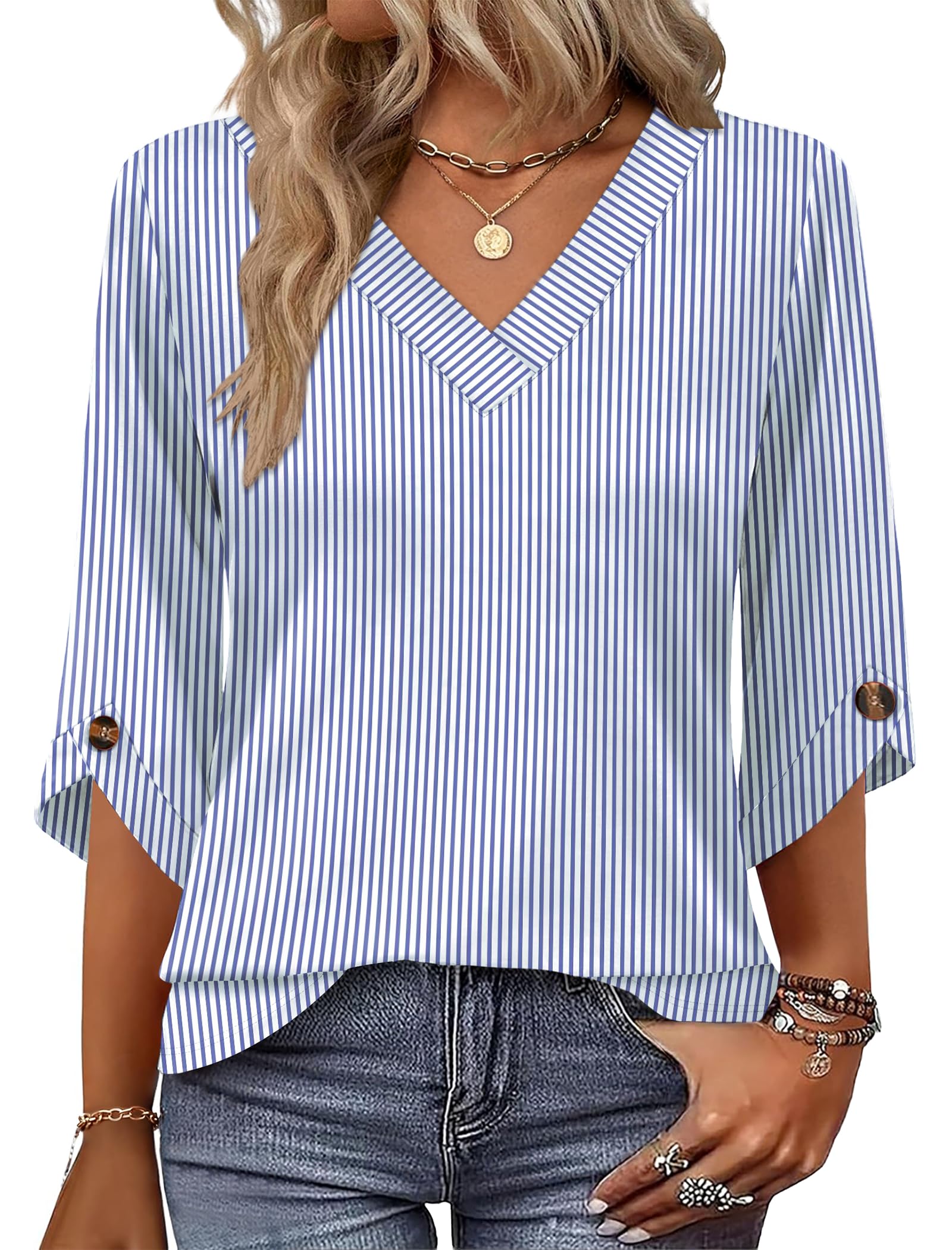 OFEEFAN 3/4 Length Sleeve Womens Tops Dressy Casual Blouses V Neck T Shirts Summer Tops Spring Outfits Loose Fit