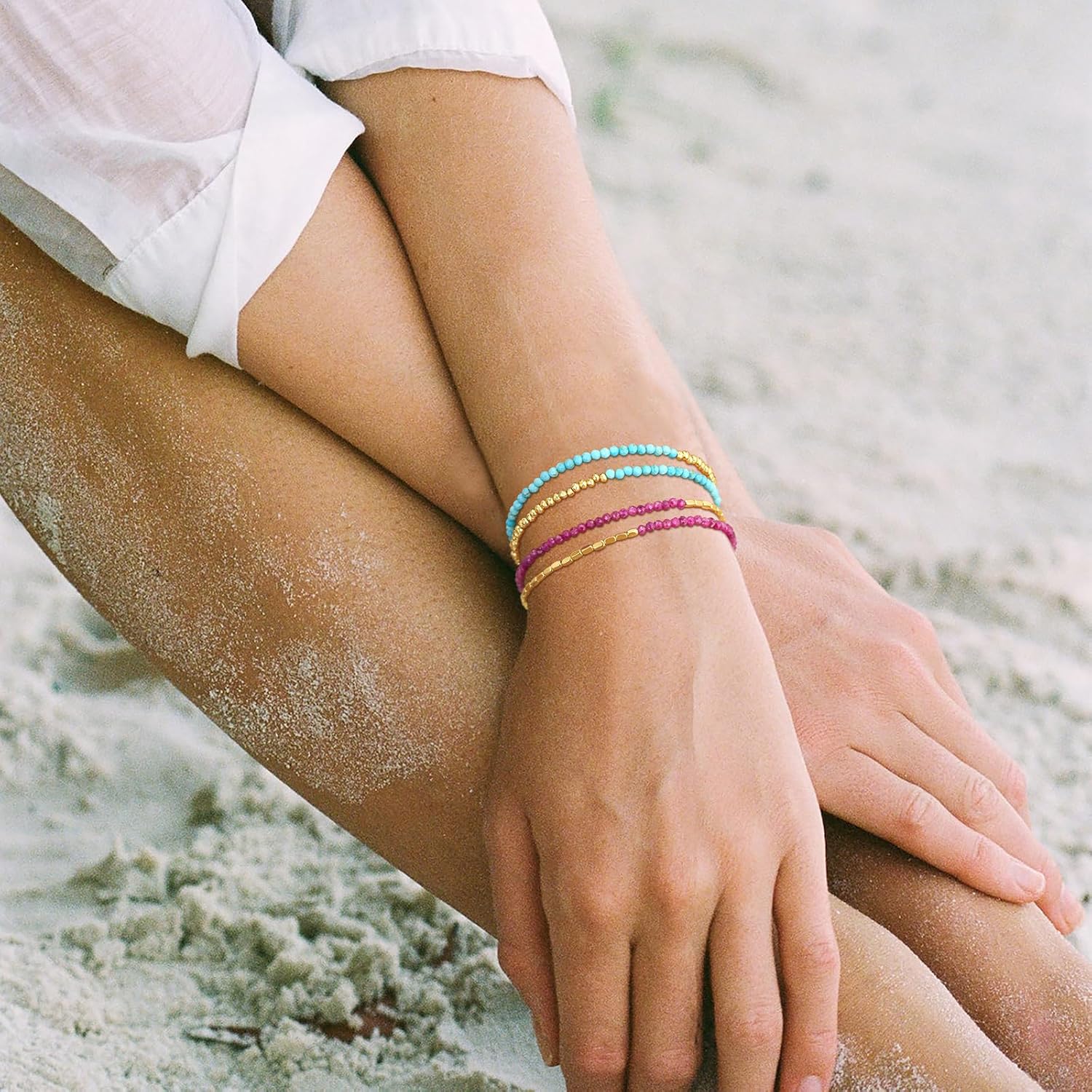 MTMY Gemstone Beaded Bracelets for Women,14K Gold Plated Layered Mixed Natural Stone Beads Chain Bracelets Handmade Jewelry - Image 2