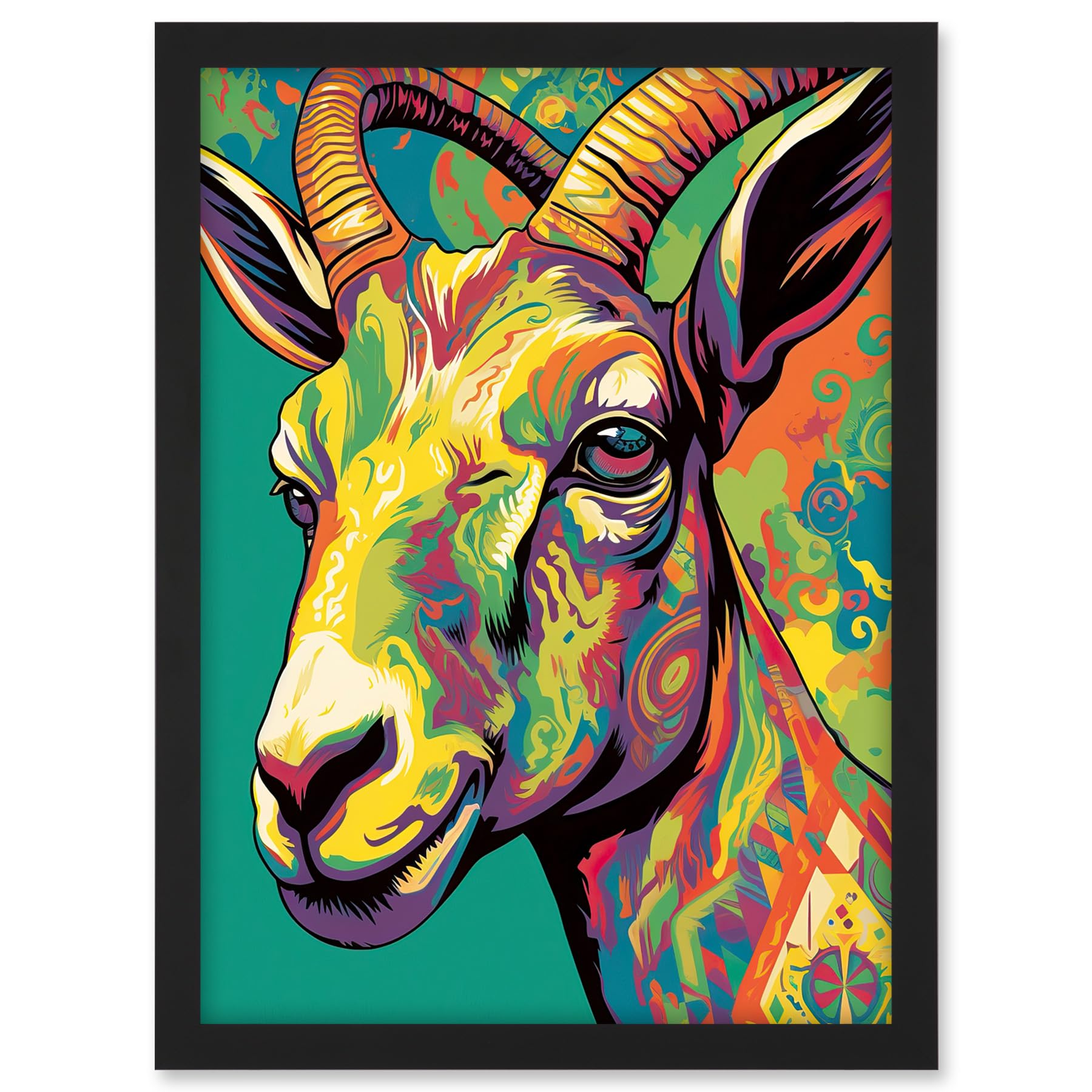 Artery8 The Trippy Goat Psychedelic Portrait Vibrant Colourful Patterns Modern Pop Art Artwork Framed A3 Wall Art Print