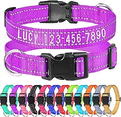 Coleira de cachorro bordada personalizada com nome e número de telefone do animal de estimação, coleiras refletivas de tamanhos ajustáveis personalizados com fivela de liberação rápida e anel em D