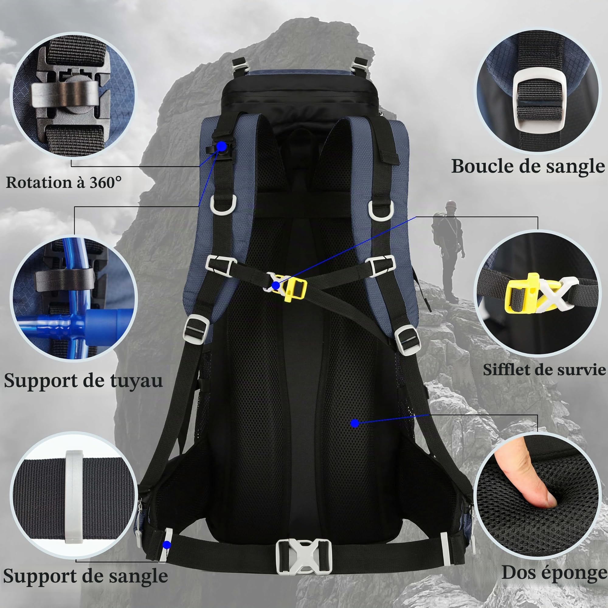 Sac à dos de voyage, randonnée, camping avec housse de pluie, sac à dos résistant à l'eau, sac à dos d'escalade pour homme et femme 60 l