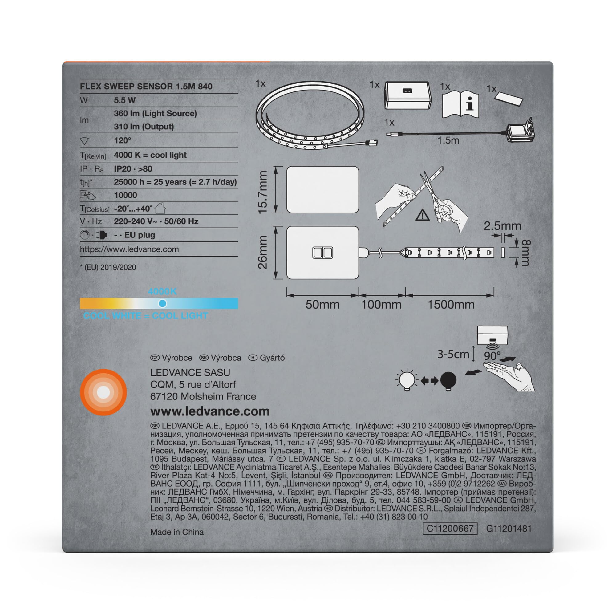 LEDVANCE FLEX Striscia con sensore wipe adatta per il montaggio sotto i mobili; 830 bianco caldo; poliuretano; 1,5 m; lampadina non sostituibile