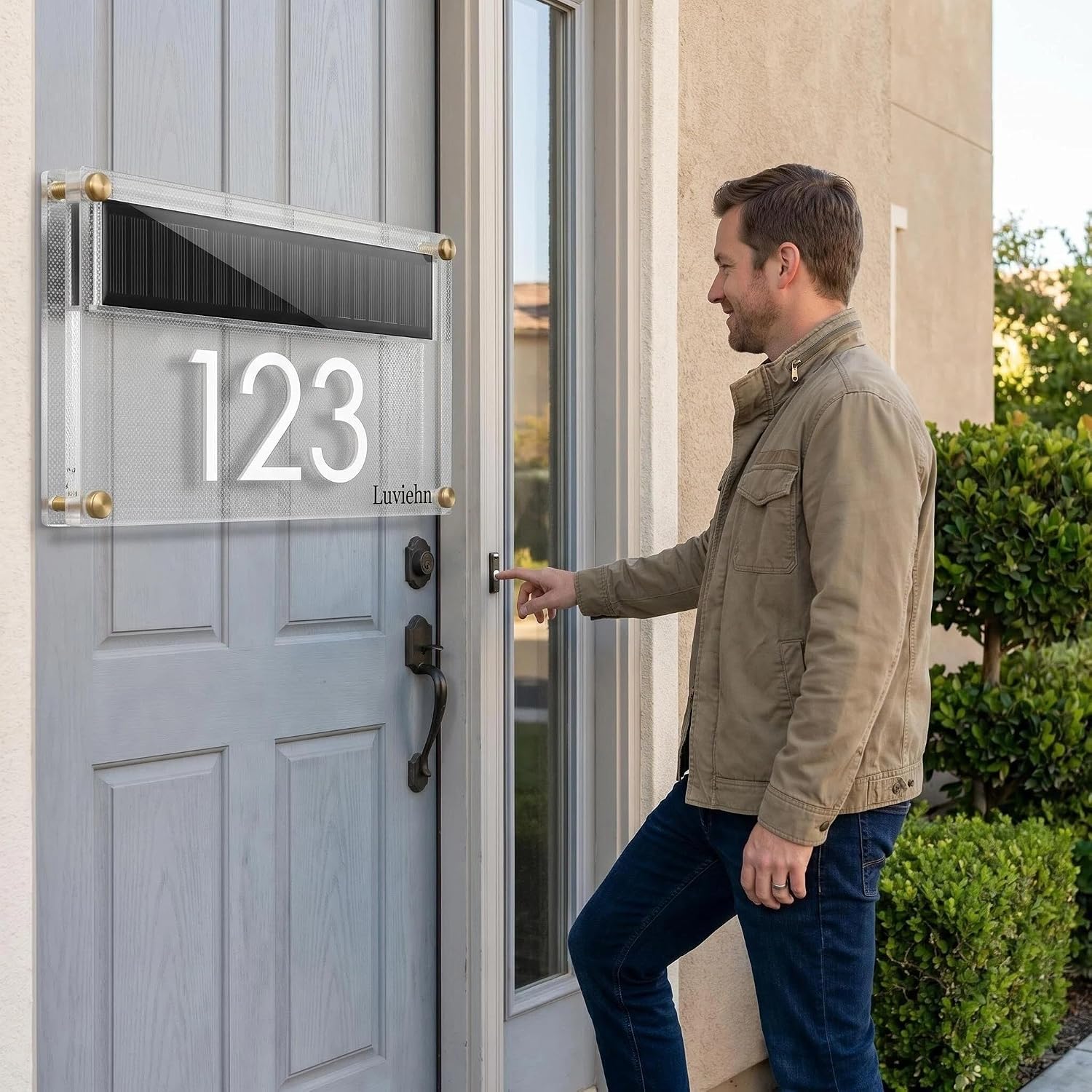 Custom Solar Address Sign with LED Light, Personalized Acrylic House Number Plaque, Waterproof Outdoor Door Plate, Auto On/Off Yard Street Address Light for Home, Mailbox, Garden