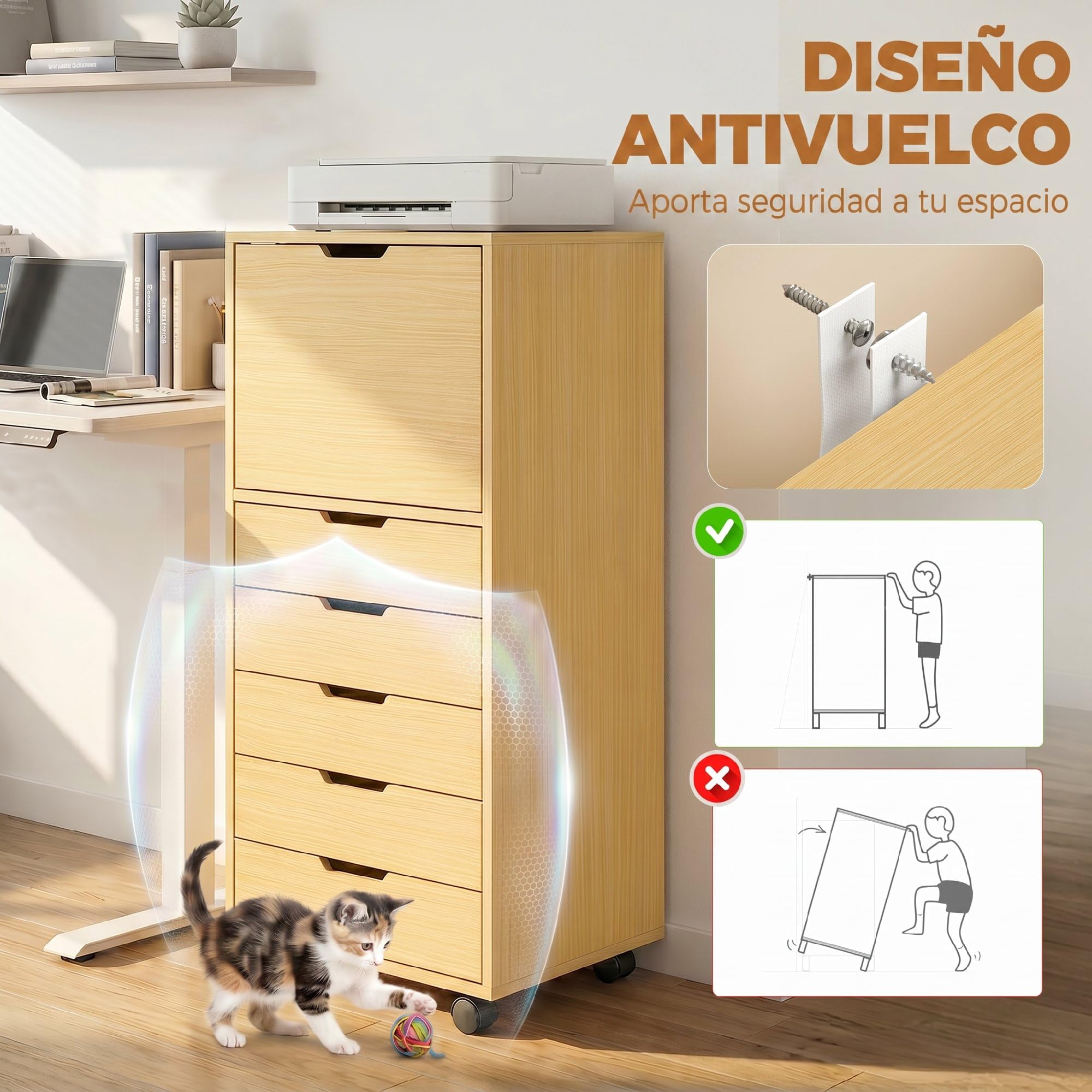 HOMCOM Schreibtisch mit 5 Schubladen auf Rollen und Schrank Natur | Büro-Schubladeneinheit, Soft-Close, Druckerständer, Aktenschrank, für Home-Office
