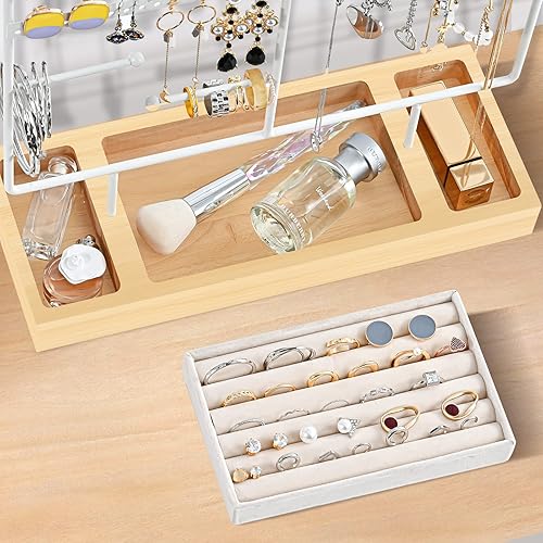 Miniatura 2 de ProCase Soporte organizador de joyas soporte para aretes 144 agujeros soporte para collares torre de almacenamiento con bandeja de anillos de madera