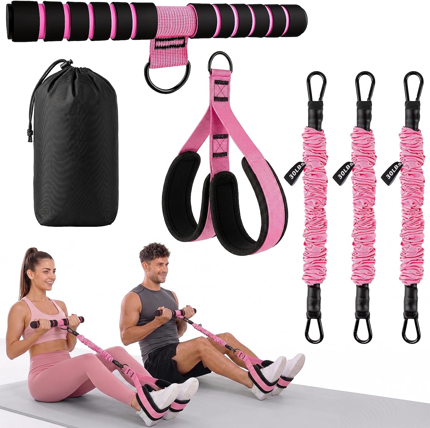Multifunctional Foot Pedal Resistance Band Set 30-90LB | Sit Up Assist Strap, Adjustable Strength Home Gym Fitness Equipment for Full Body Workout – Portable Home Gym for Men & Women