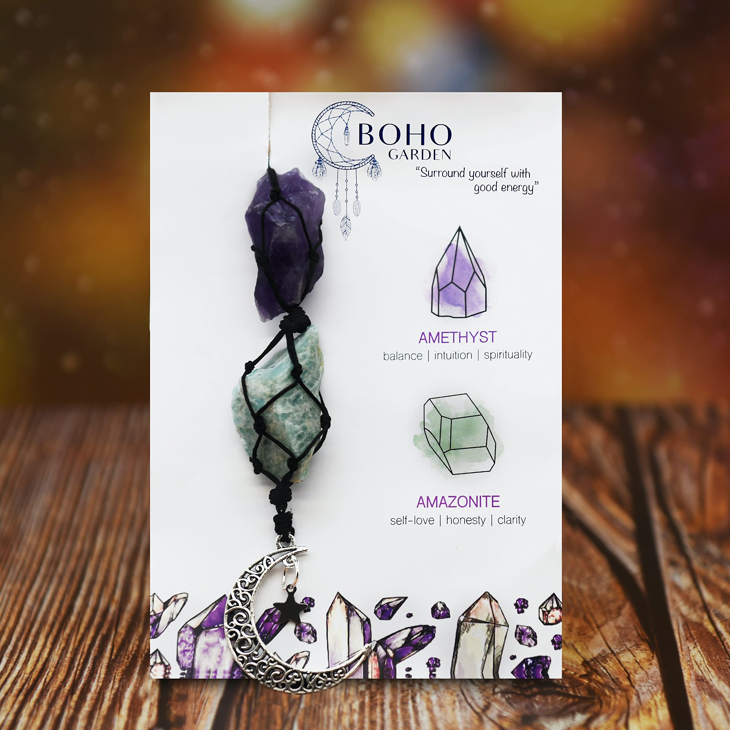 BOHO GARDEN Hanging Car Charm - Amethyst Amazonite - Dangling Moon Healing Crystal Accessories Rearview Mirror Decorations - — view 2