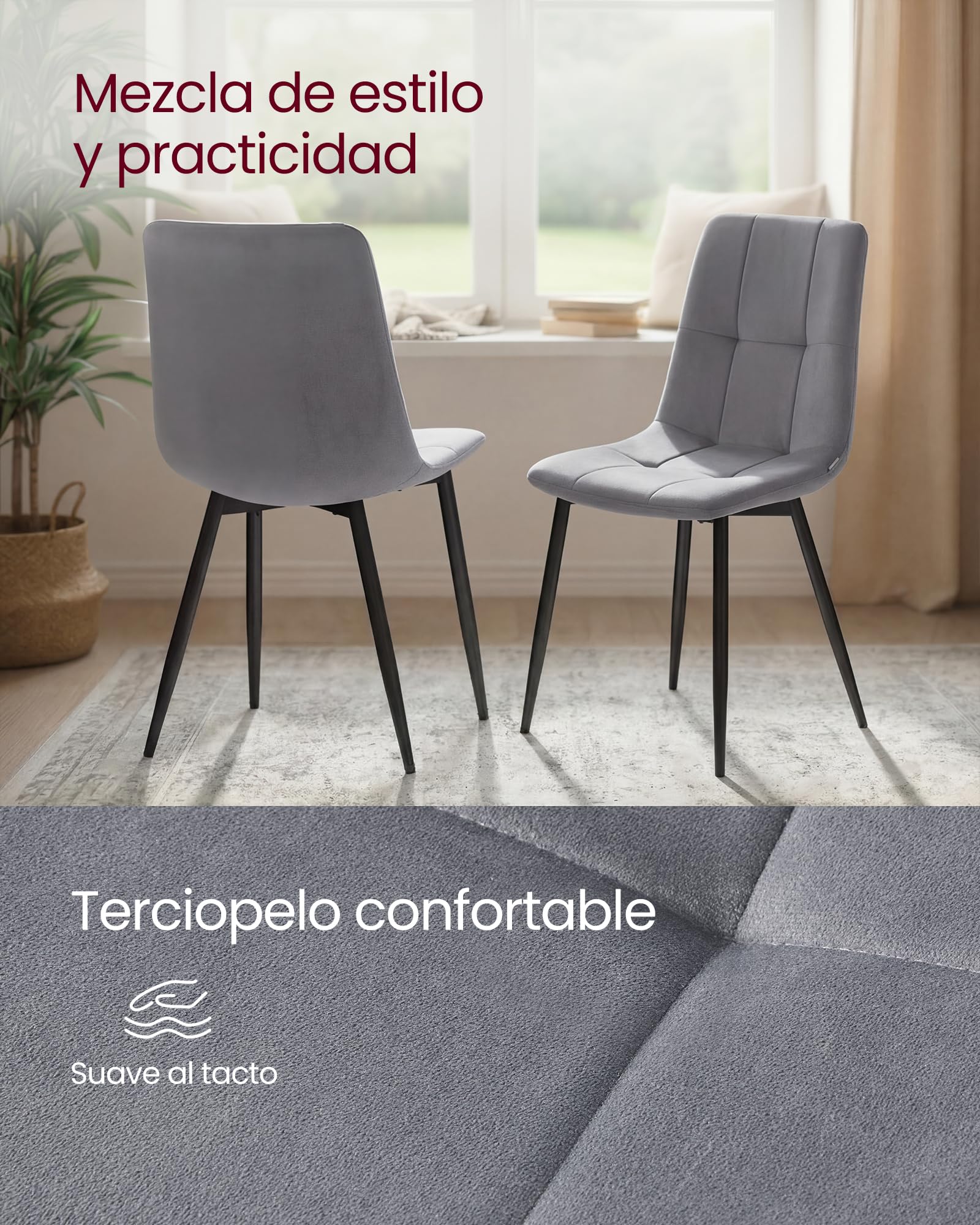 VASAGLE Sillas de Comedor de Terciopelo, Carga 120 kg Cada Una, Sillas de Cocina Acolchadas con Pies Ajustables, Estilo Moderno, para Salón, Juego de 4, Gris Pizarra KDC080GN01