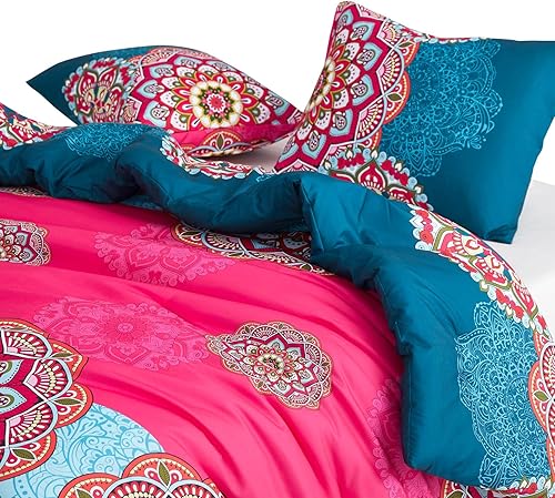 Miniatura 2 de Wake In Cloud - Juego de edredón bohemio, estampado de medallón floral de mandala azul fucsia, ropa de cama de microfibra suave (3 piezas, tamaño