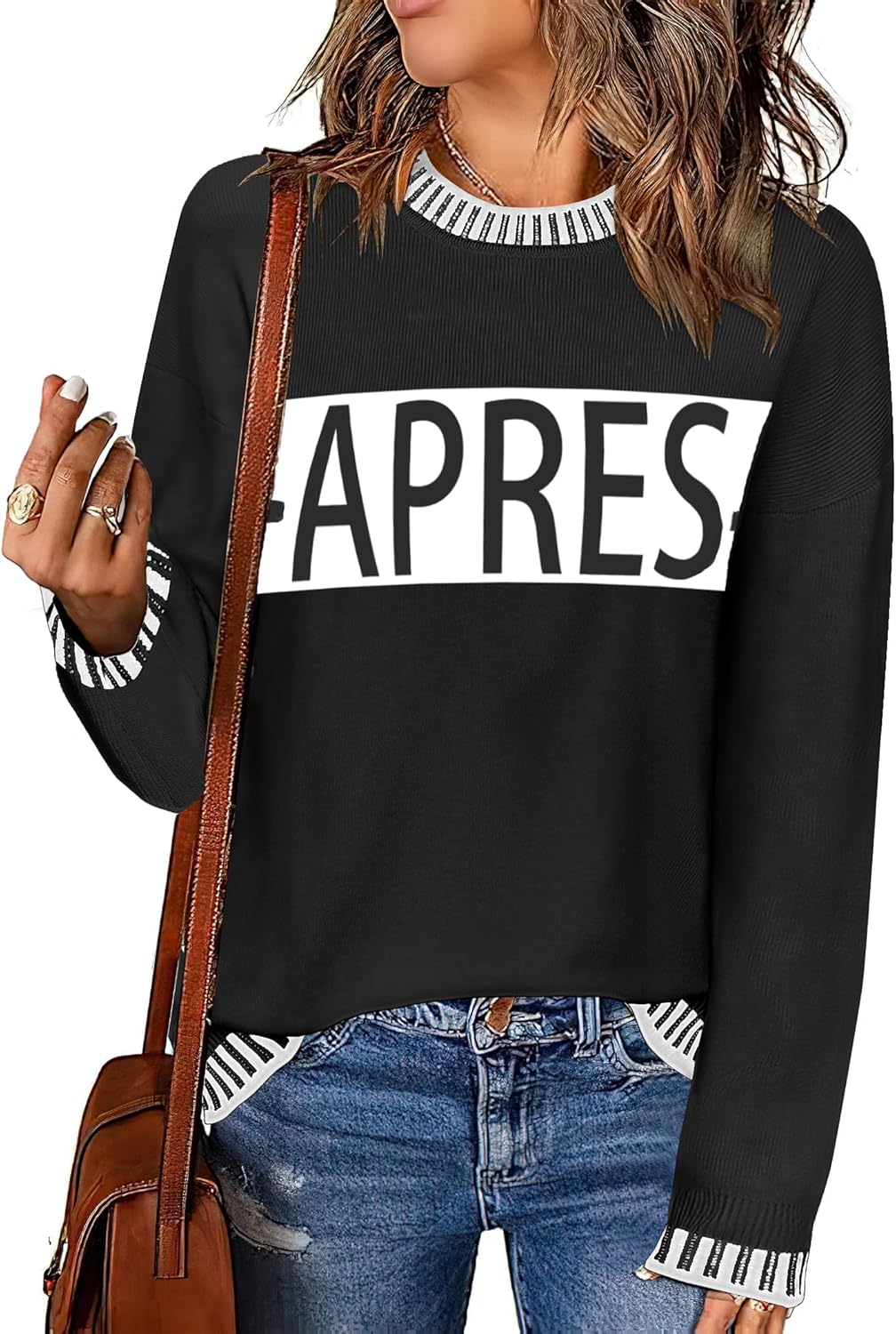 Sweaters for Women Crewneck Long Sleeve Contrast Pullover Graphic Chic Stitch Style Sweater Pullover Jumper Tops