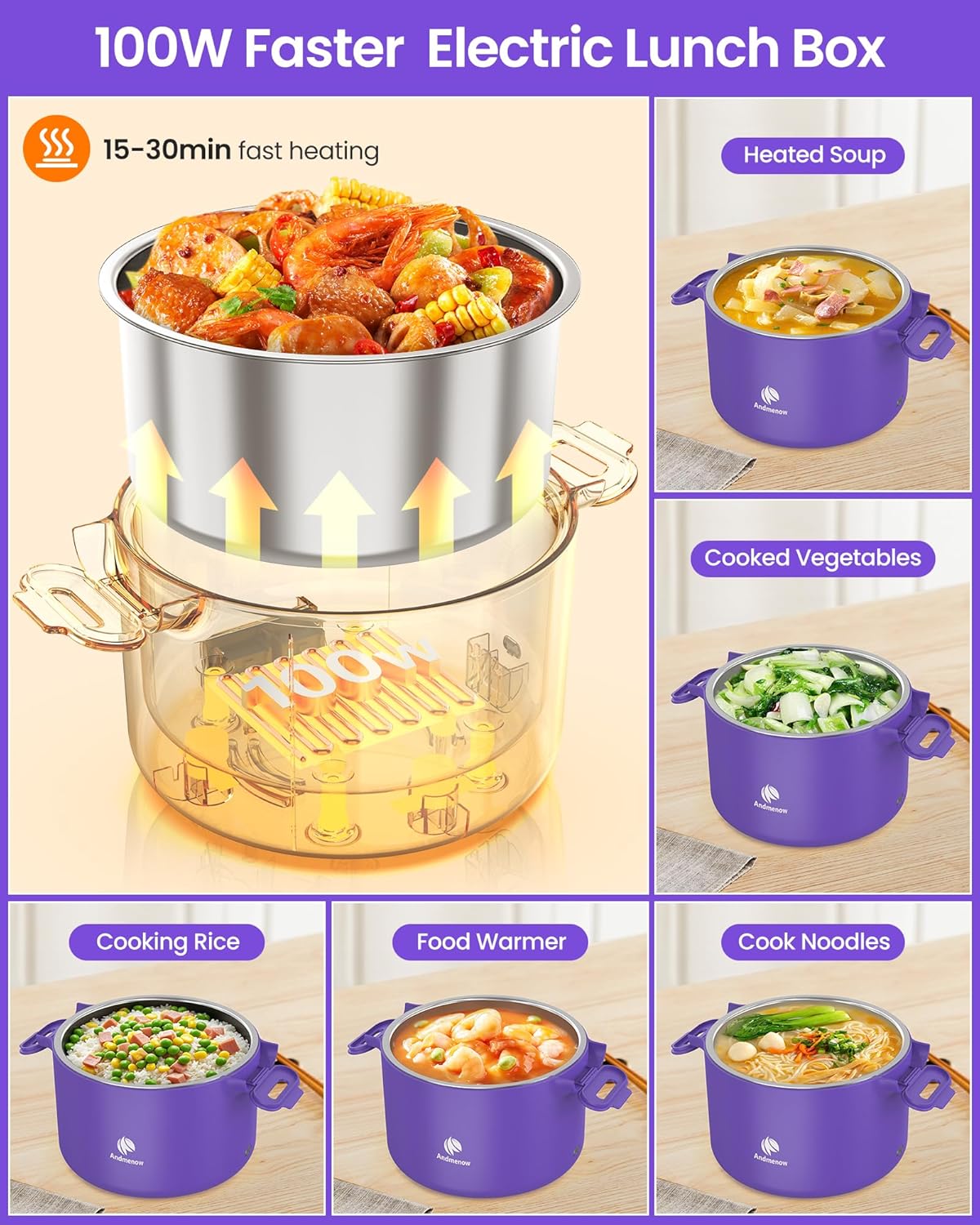 Portable Electric Lunch Box, 33 Ounce Food Warmer Cooker,12/24/110V Upgraded Heated Lunch Box for Car/Truck/Office Ideal Men & Women's Gifts,Warming Soup,Meal,Spill-Free,100W (Purple)