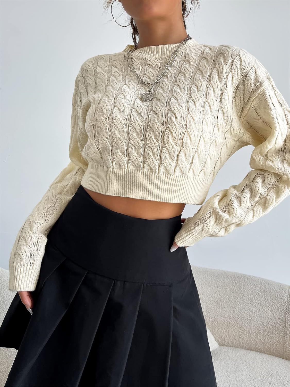 Women's Sweater Cable Knit Drop Shoulder Crop Sweater Sweater for Women (Color : Beige, Size : Medium)