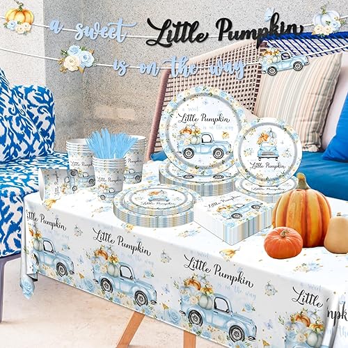 Miniatura 6 de Vajilla de decoración de baby shower, 142 piezas con texto en inglés A Sweet Little Pumpkin is On The Way, mantel desechable con diseño floral azul,