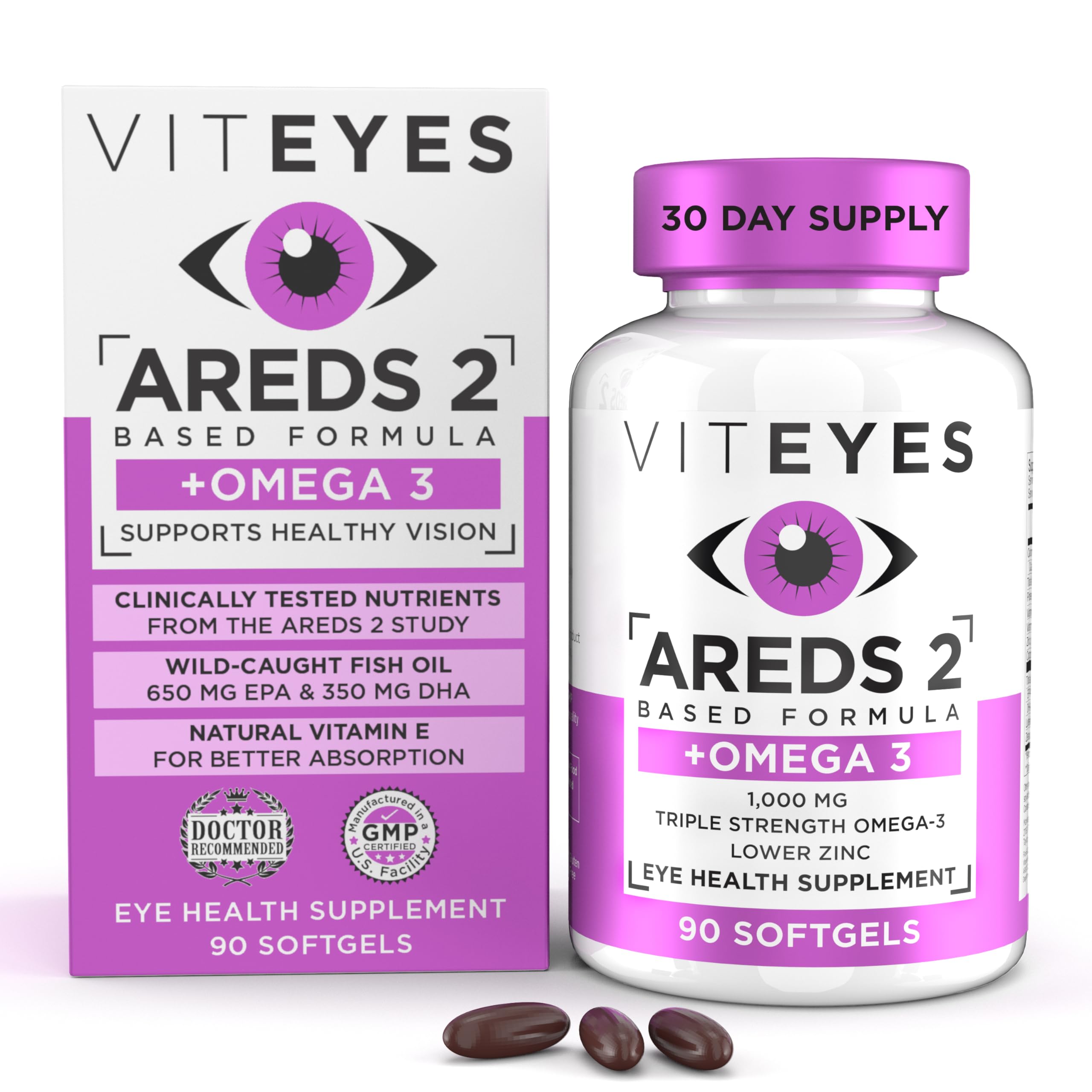 Viteyes AREDS 2 + Omega-3 Macular Health Formula Softgels, Triple Strength Omega-3 (650 mg EPA, 350 mg DHA), Eye Health Vitamin for Vision Protection, 90 Softgels