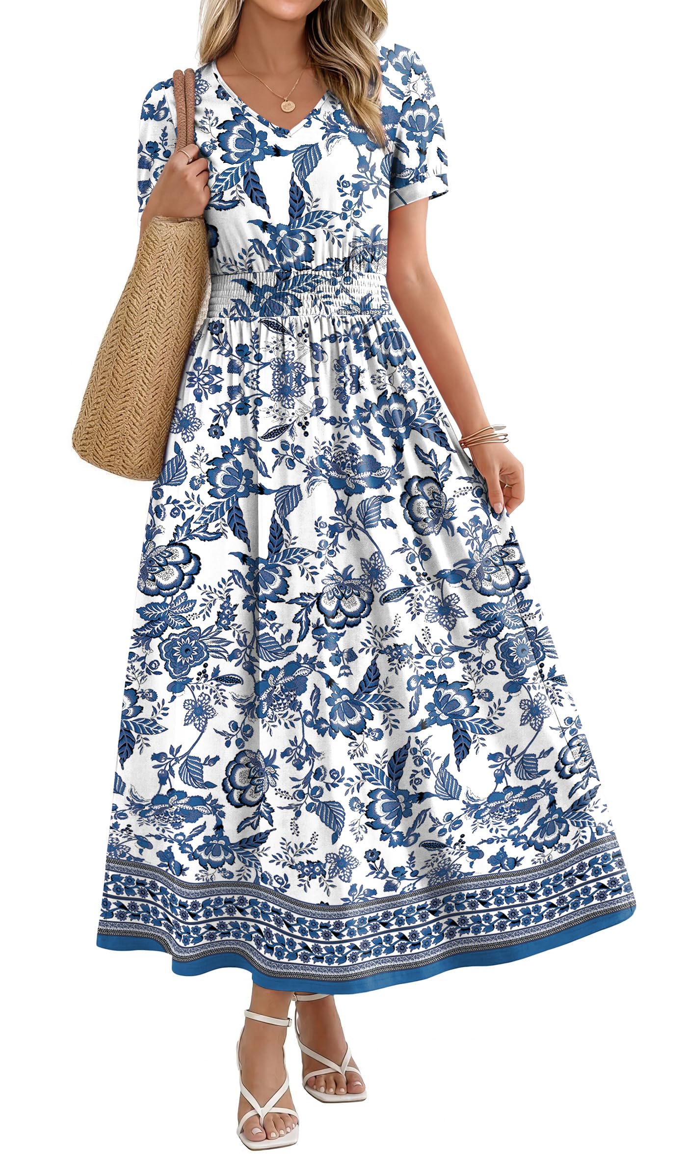 OFEEFAN Maxi Dresses for Women V Neck Ladies Midi Long Dress A Line Smocked Waisted Casual Summer Spring Clothes Boho Beach