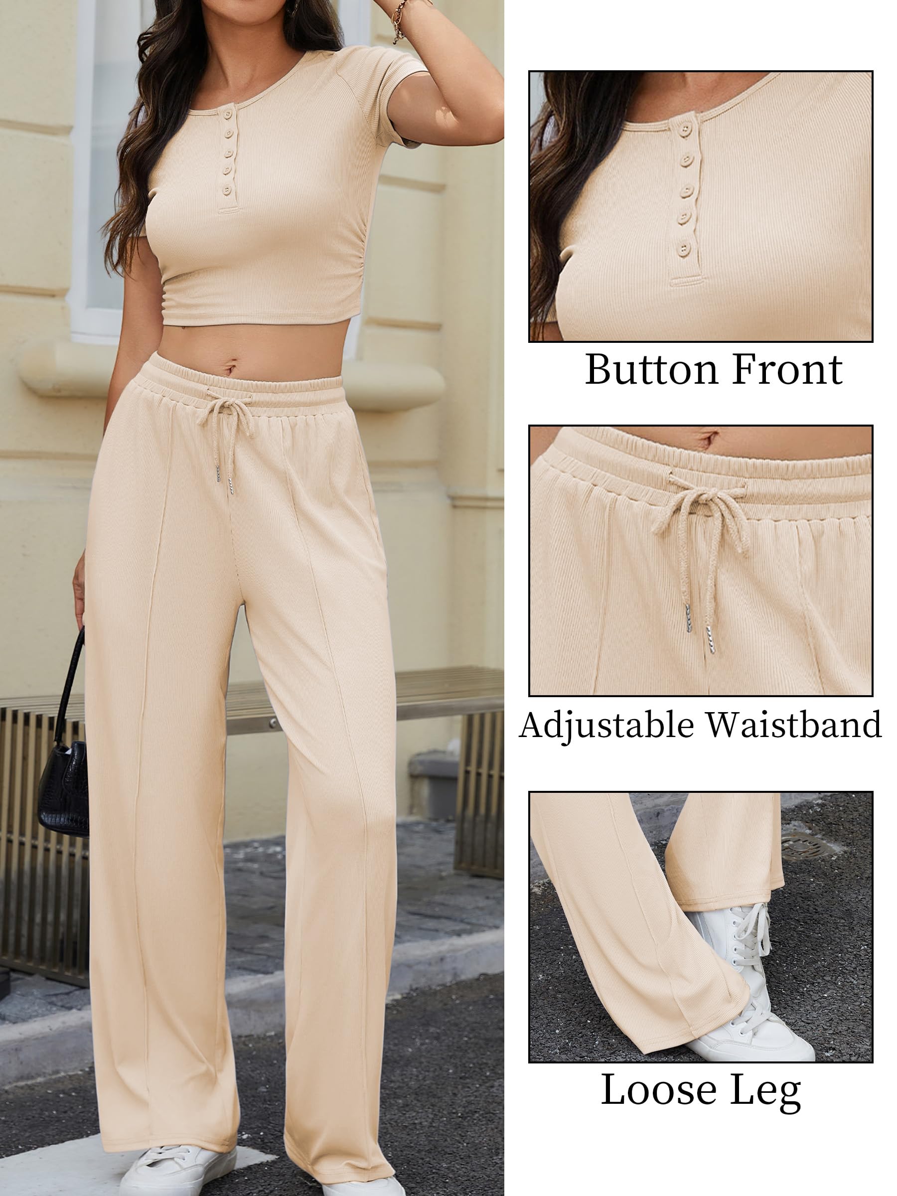 JFAN Conjunto Chándal Mujer 2 Piezas Verano Casual Conjunto Mujer Loungewear Ropa Deportiva Para Cómodo Acanalado Corto Top Pantalone Deportivo con Bolsillos