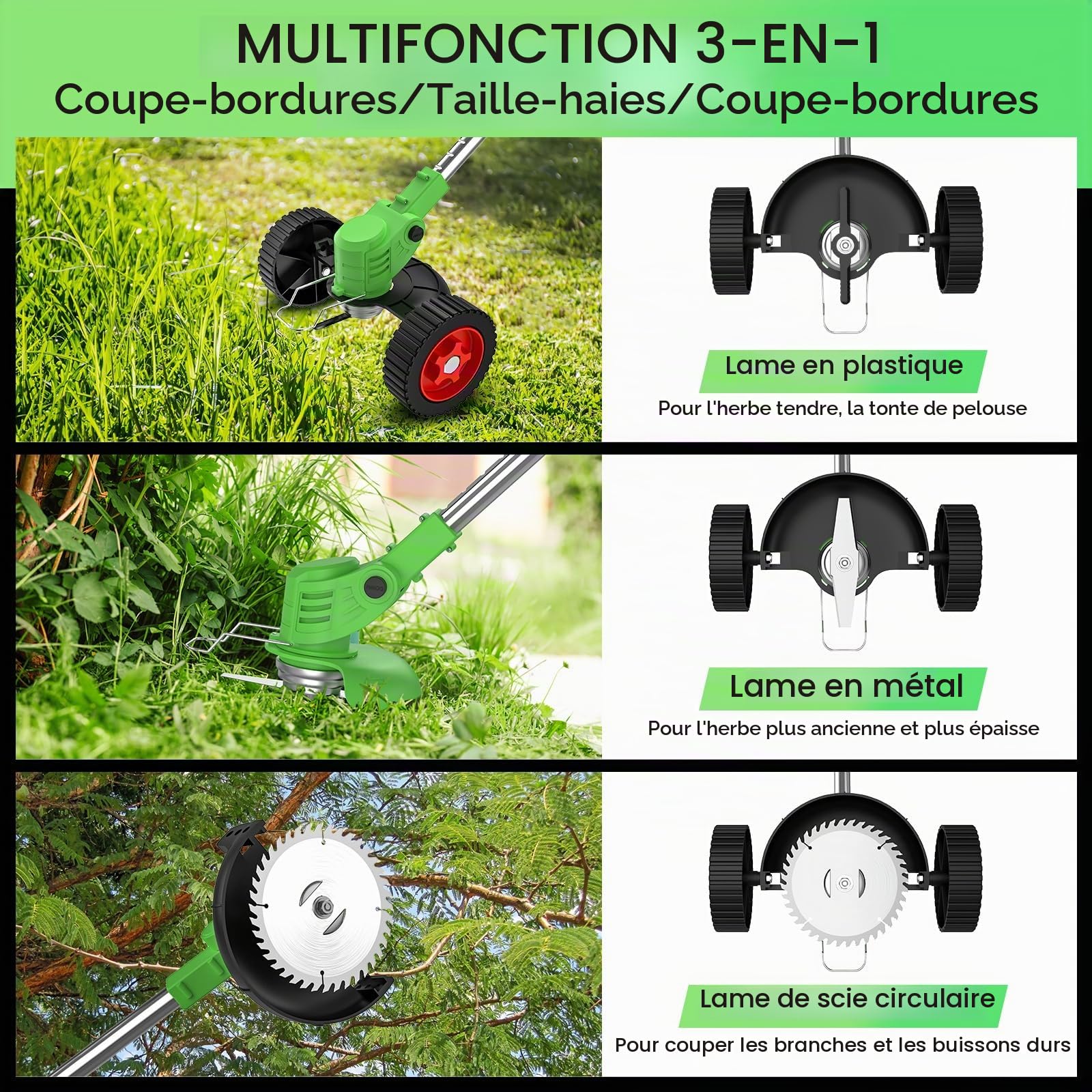 Coupe Bordure sans Fil avec Batterie et roulettes, Débroussailleuse Électrique sans Fil Pliable 800W 4-en-1, 2 Batteries 21V, Tête Pivotante 90°, Poignée Réglable, 4 Types Lames, pour Jardin