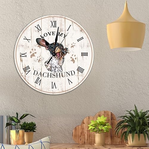 Vista 5 de Love My Dachshund Reloj de pared de madera Shabby Chic Retro de 15 pulgadas, reloj de pared redondo de perro salchicha reloj de pared silencioso sin