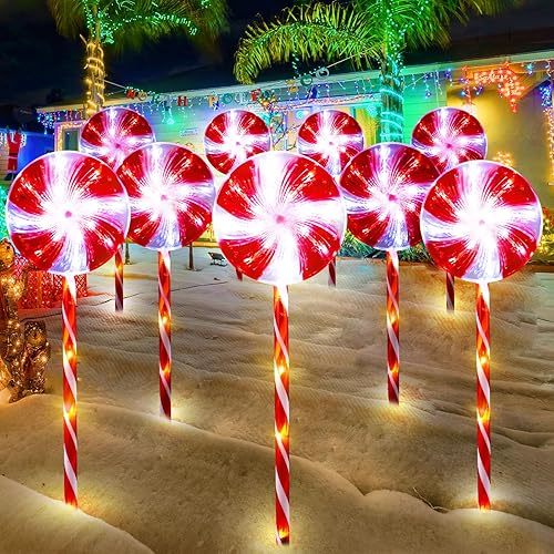 Paquete de 9 luces de Navidad para caminos al aire libre de 24 pulgadas, luces de menta con bastón de caramelo, 8 modos, luces de decoración de