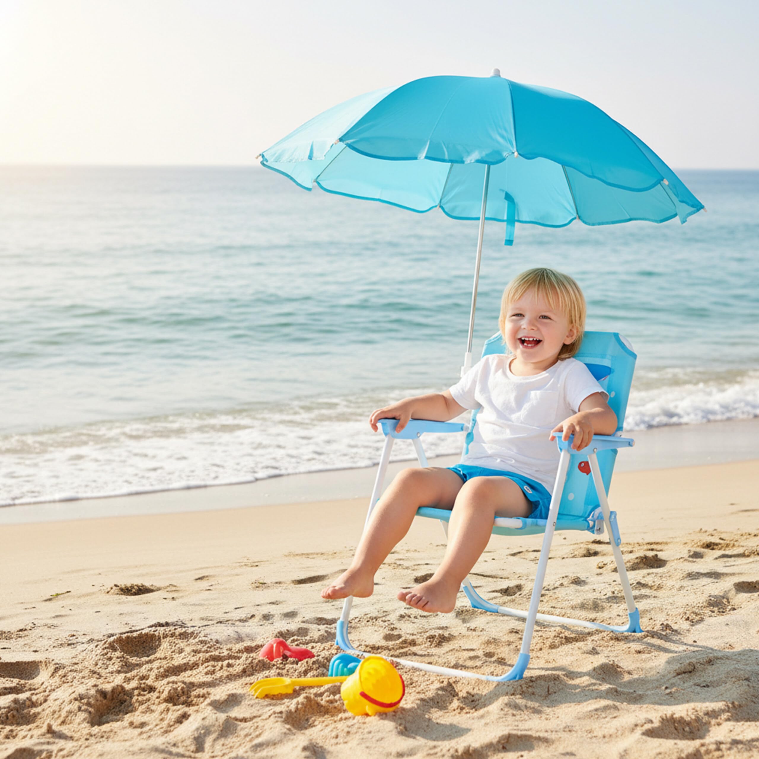 Relaxdays Silla Plegable Infantil con sombrilla, Motivo tiburón, 51,5x36x37,5 cm, Colorida para Exterior