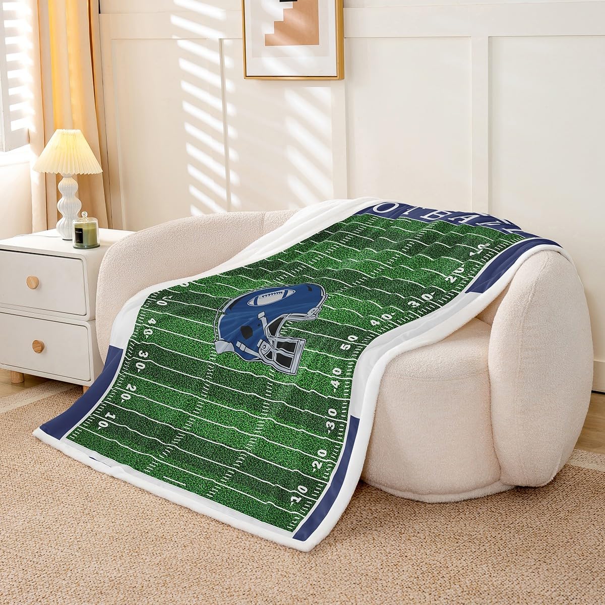 Loussiesd Koc polarowy do piłki nożnej, podwójny, 152 x 200 cm, dla dzieci, rugby, sportowy, flanelowy, koc na łóżko, sofę, rugby, boisko, kibiców, czerwono-brązowy, szerpa, flanelowy, dekoracja domu