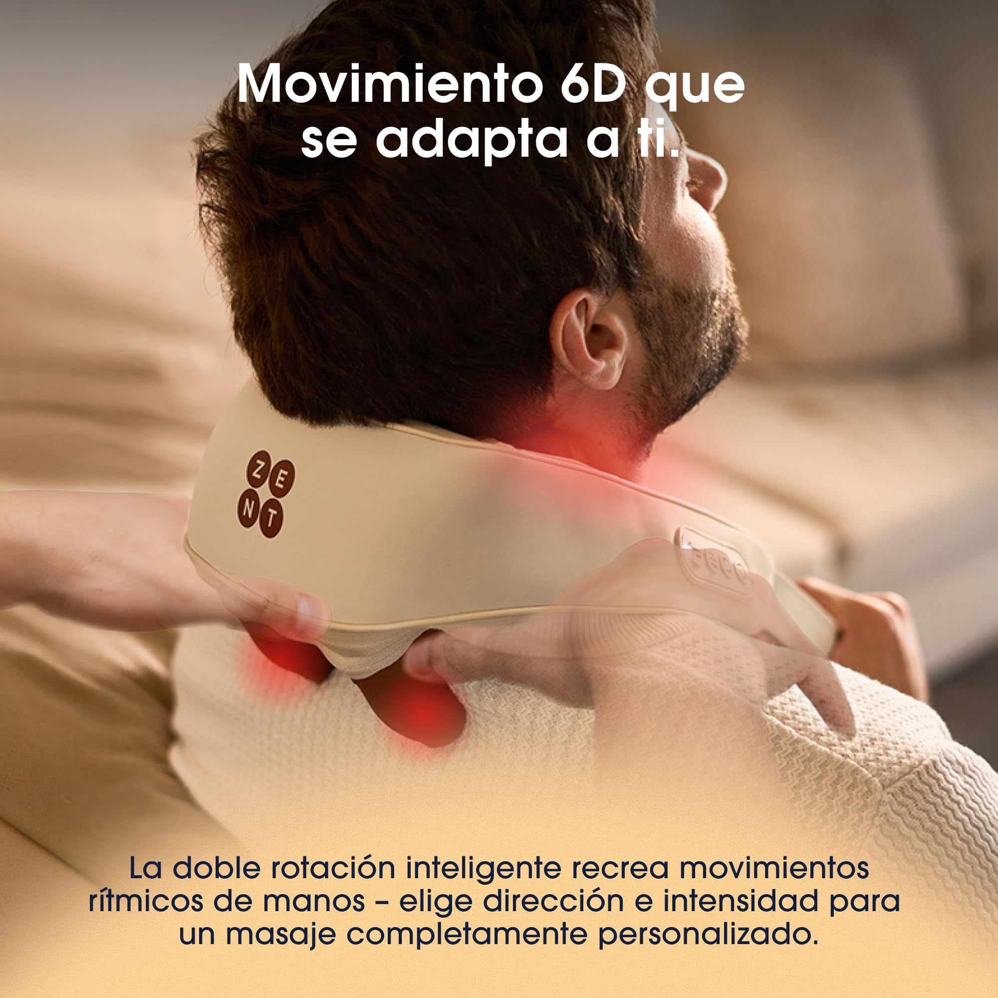 ZENT HandSense Masajeador Cervical y Espalda 6D Inalámbrico con Calor | Shiatsu de Cuello, Hombros y lumbares, 2 Velocidades, Batería 2500 mAh, 90 min
