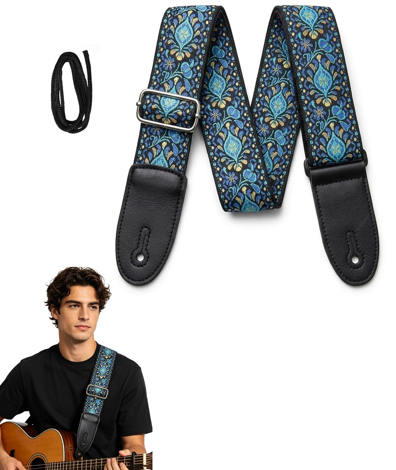 Guitar Strap, Guitar Belt Strap, Double-Sided Vintage Embroidered Cotton Design, Adjustable Length 88-140 CM, Versatile for Electric Guitar and Bass Guitar, Professional and Practice Use-image-21