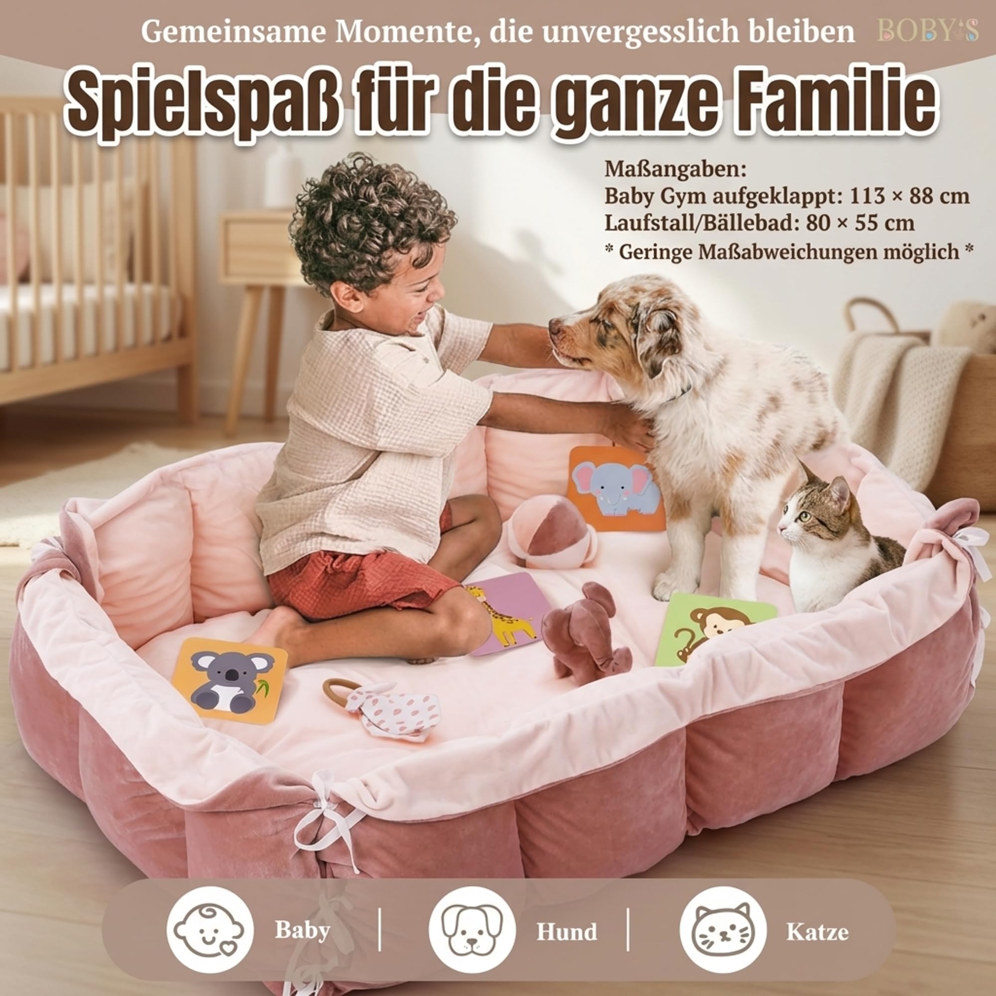 BOBY´S Baby Spielbogen mit Babynest & Krabbeldecke – Baby Gym mit Spielzeug – Spielmatte, Laufstall & Bällebad – weich gepolstert für Neugeborene (Rosa)