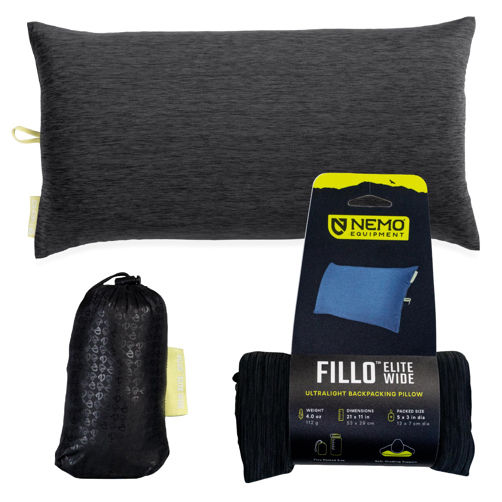 NEMO Equipment Fillo Elite - Almohada ancha para acampada, color negro perla/citrón | Ultraligero, plegable, soporte de aire, funda extraíble, viajes, mochilero
