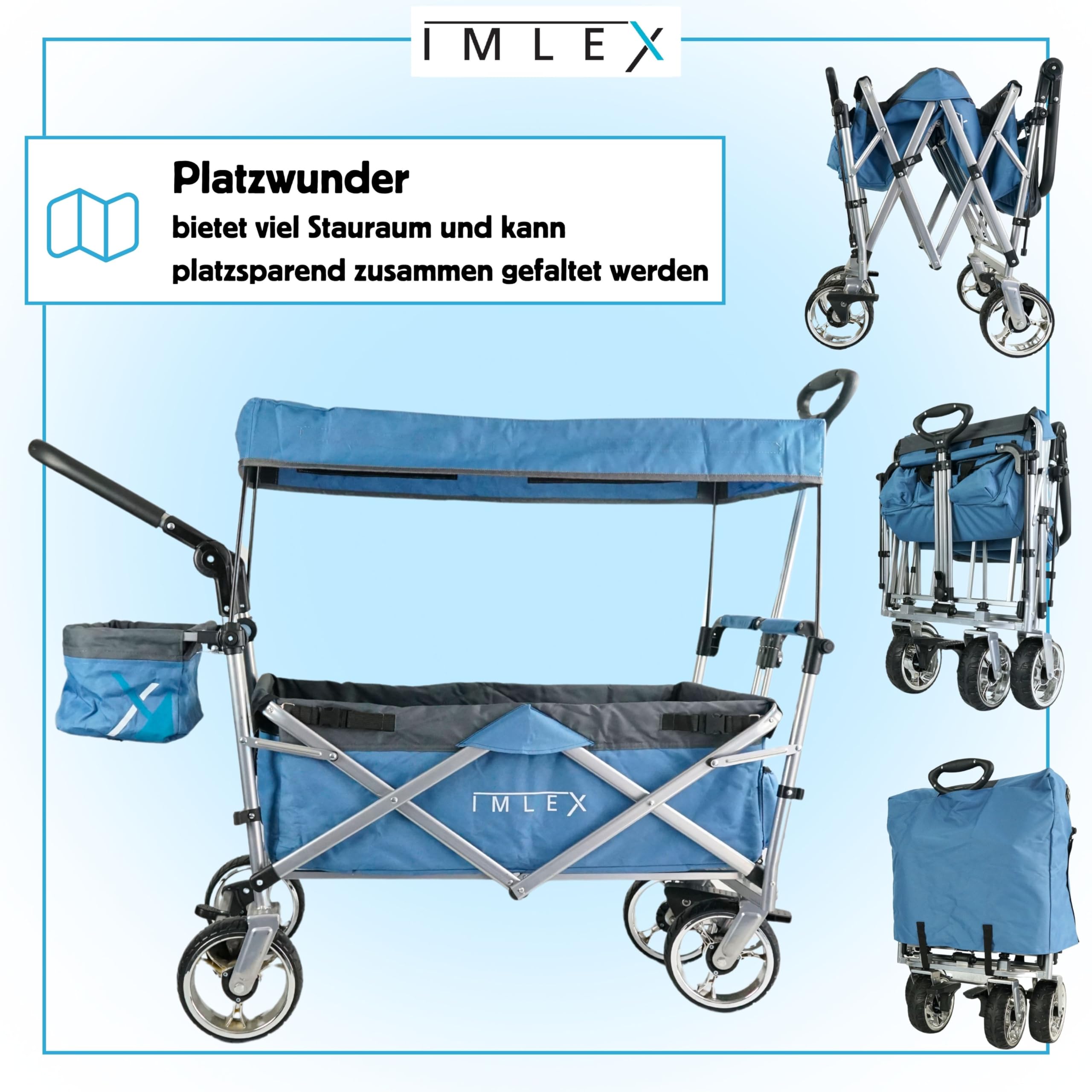 IMLEX Bollerwagen faltbar XXL mit UV Dach – Handwagen für 2 Kinder bis 80 kg – klappbar mit Schiebegriff & Zugstange – Geländereifen – ideal für Strand, Camping, Garten, Zoo & Freizeit IM-4268 Blau