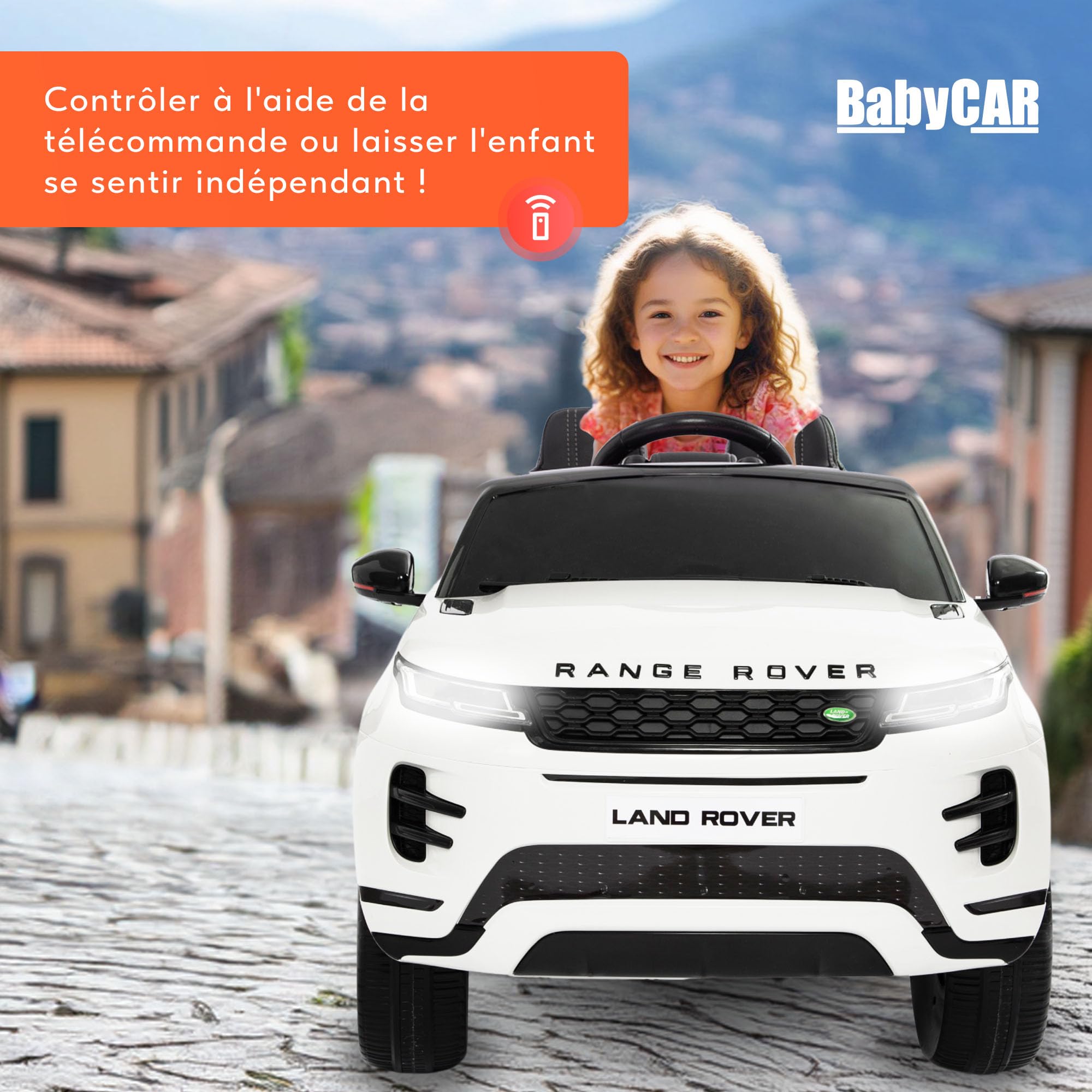 BabyCar Range Rover Evoque | Véhicule Electrique 12V avec 2 Moteurs 35W | Voiture pour Enfant avec Télécommande, Siège en Simili Cuir, Portes Ouvrantes, MP4/USB | Licence Officiel | Blanc
