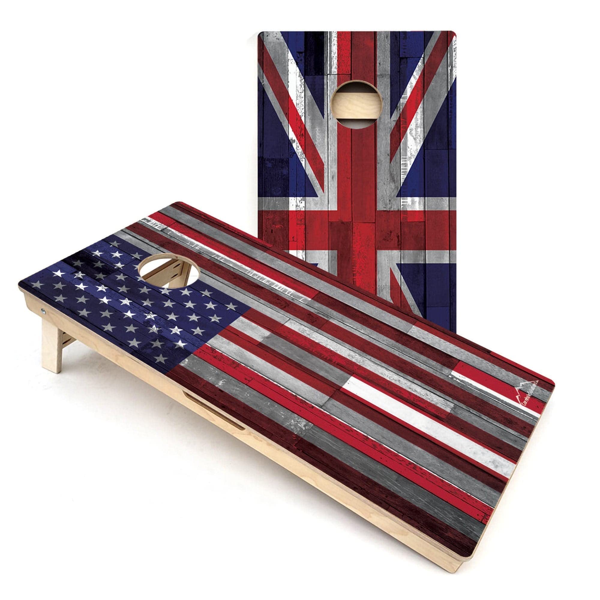 Skip's Garage USA & Union Jack Flag All-Weather Cornhole Boards - Includes (2) Boards (NO Bags) + (2) Board Edge Lights