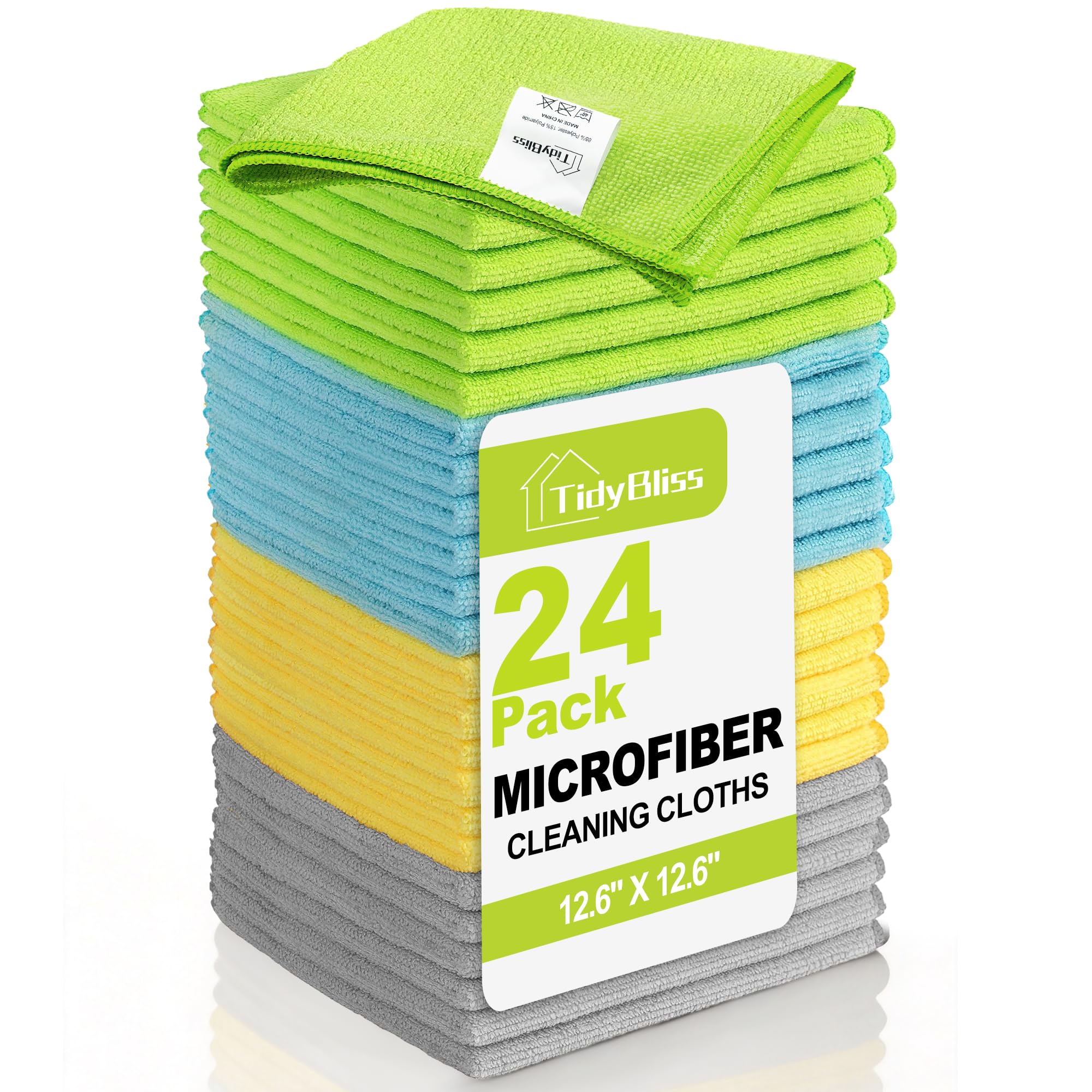 TidyBliss Microfiber Cleaning Cloth 24 Pack, Lint-Free Rags, 32 x 32 cm, Reusable Micro Fiber Dusting Towels for House Kitchen Bathroom Car (Green/Blue/Yellow/Grey)
