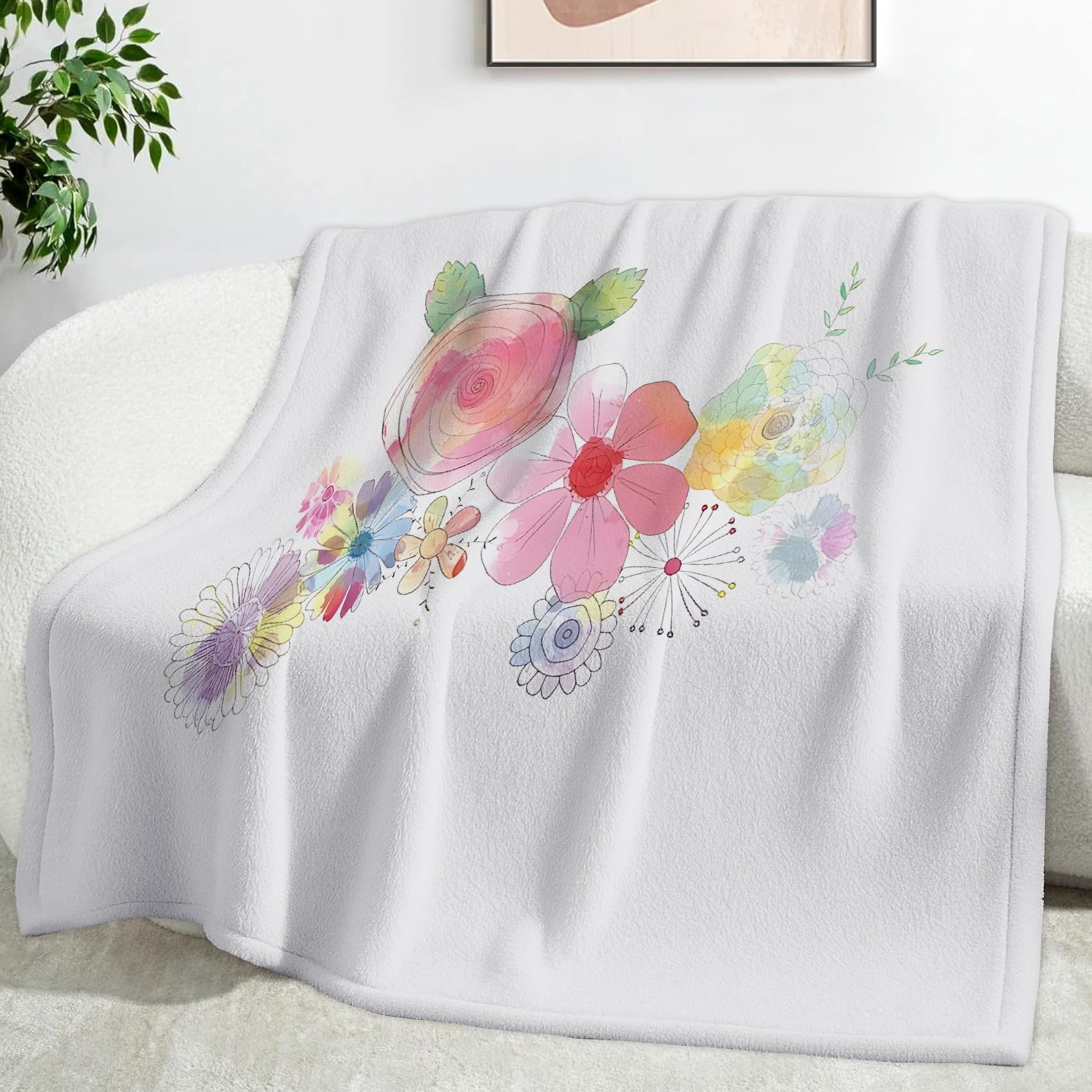 Koc z motywem kwiatowym w stylu akwarelowym Koc polarowy z mikrofibry 220 x 240 cm, lekki, miękki, ciepły i wygodny, odpowiedni do sypialni i salonu