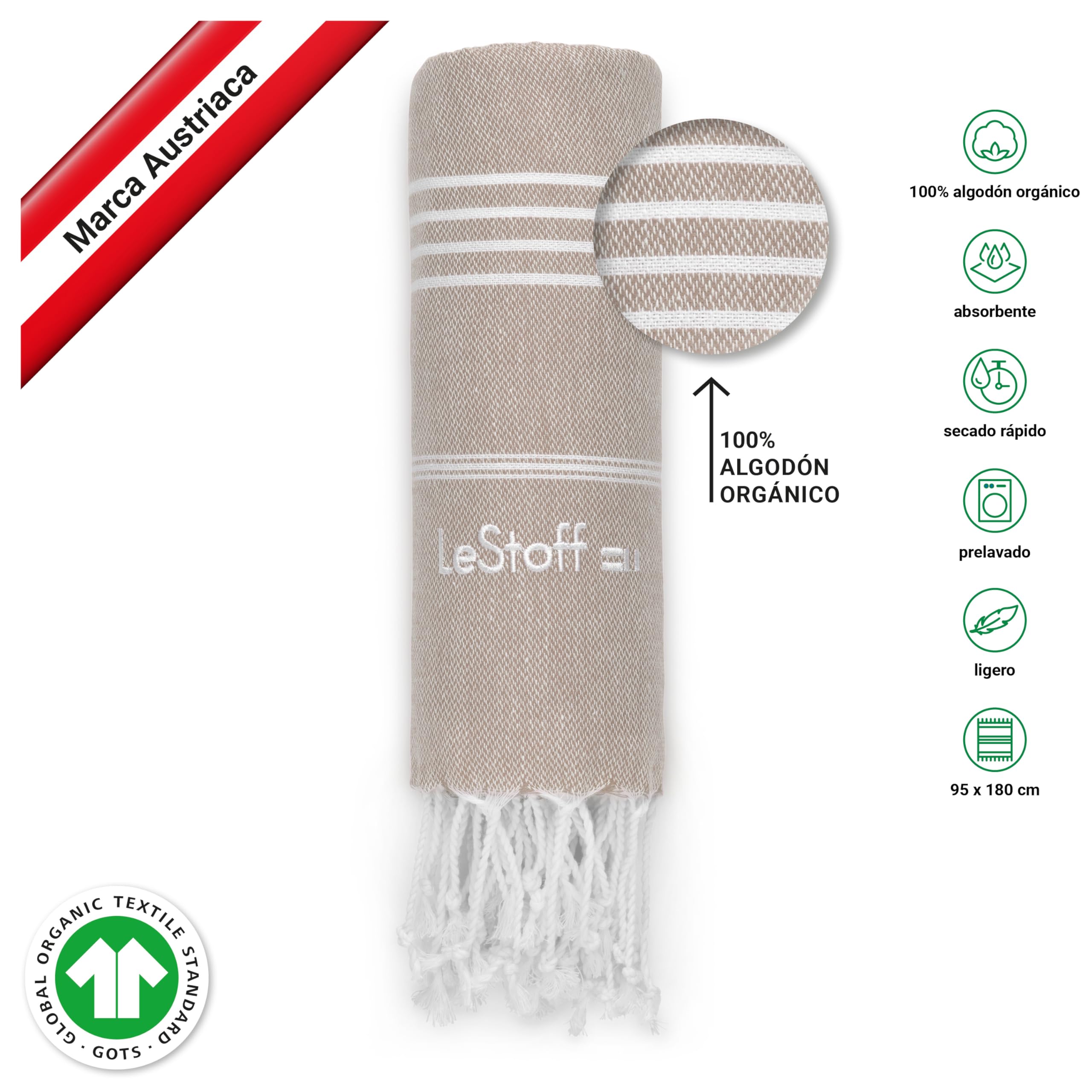 LeStoff Pack 2 Foutas, Algodón Orgánico, 95x180 cm, Antracita/Beige | Pack de 2 toallas de playa, baño, sauna y viaje; ligeras, absorbentes, de secado rápido y prelavadas