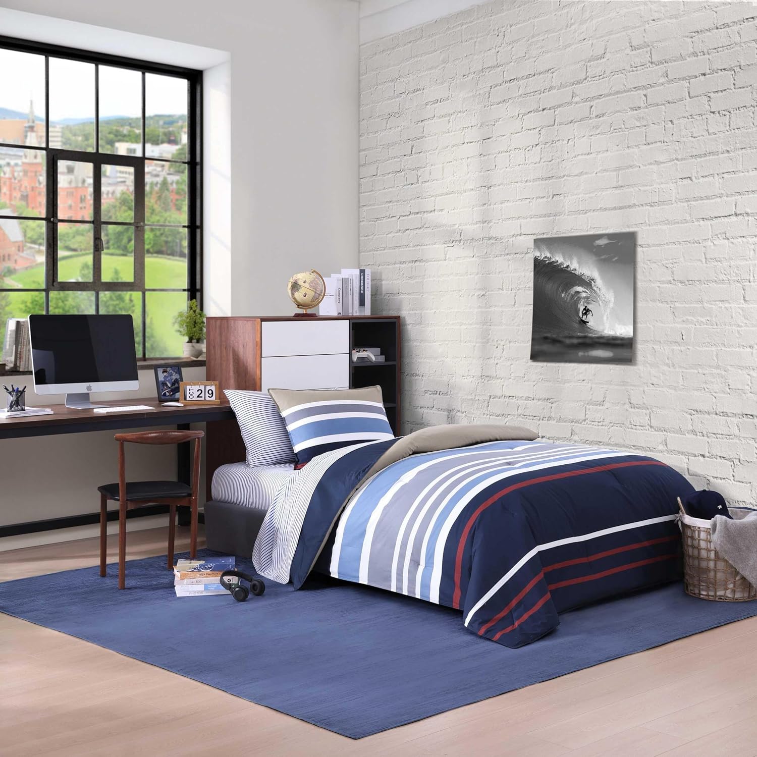 Nautica - Twin Comforter Set, Reversible Cotton Bedding with Matching Sham, Medium Weight for Year Round Use, Oeko-Tex Certified, Dorm Essentials (Bradford Navy/Khaki)