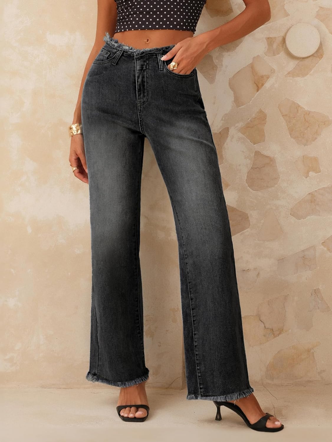 Emmiol Women Wide Leg Jeans Tummy Control Waisted Straight Stretchy Denim Pants with Pockets - Image 2