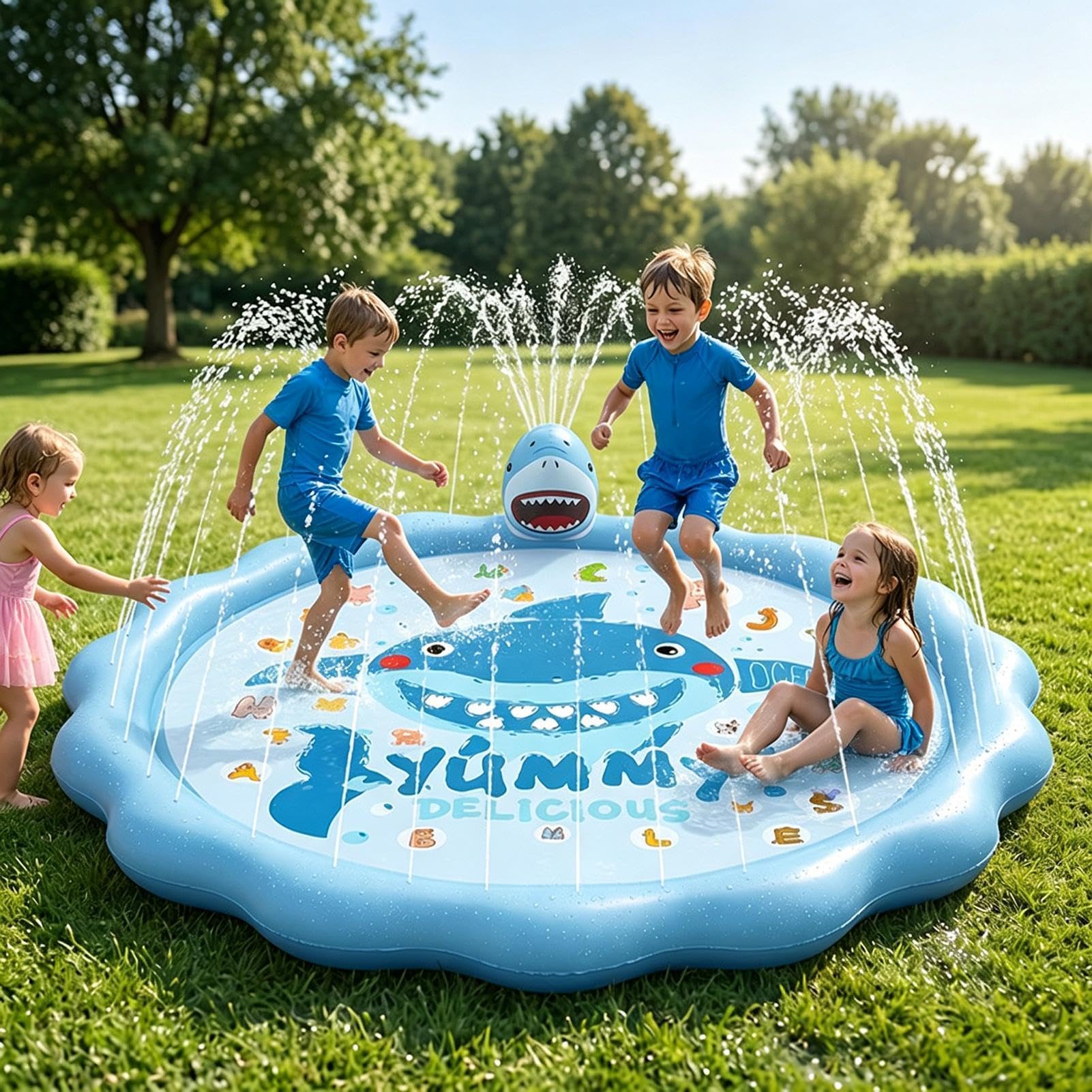 Tappetino Sprinkler per Bambini d'Acqua Estivo a Forma di Squalo 173 cm | Giocattoli Acquatici da Esterno per Piccoli in Giardino Asilo Campeggio Spiaggia Cortile Prato Famiglie