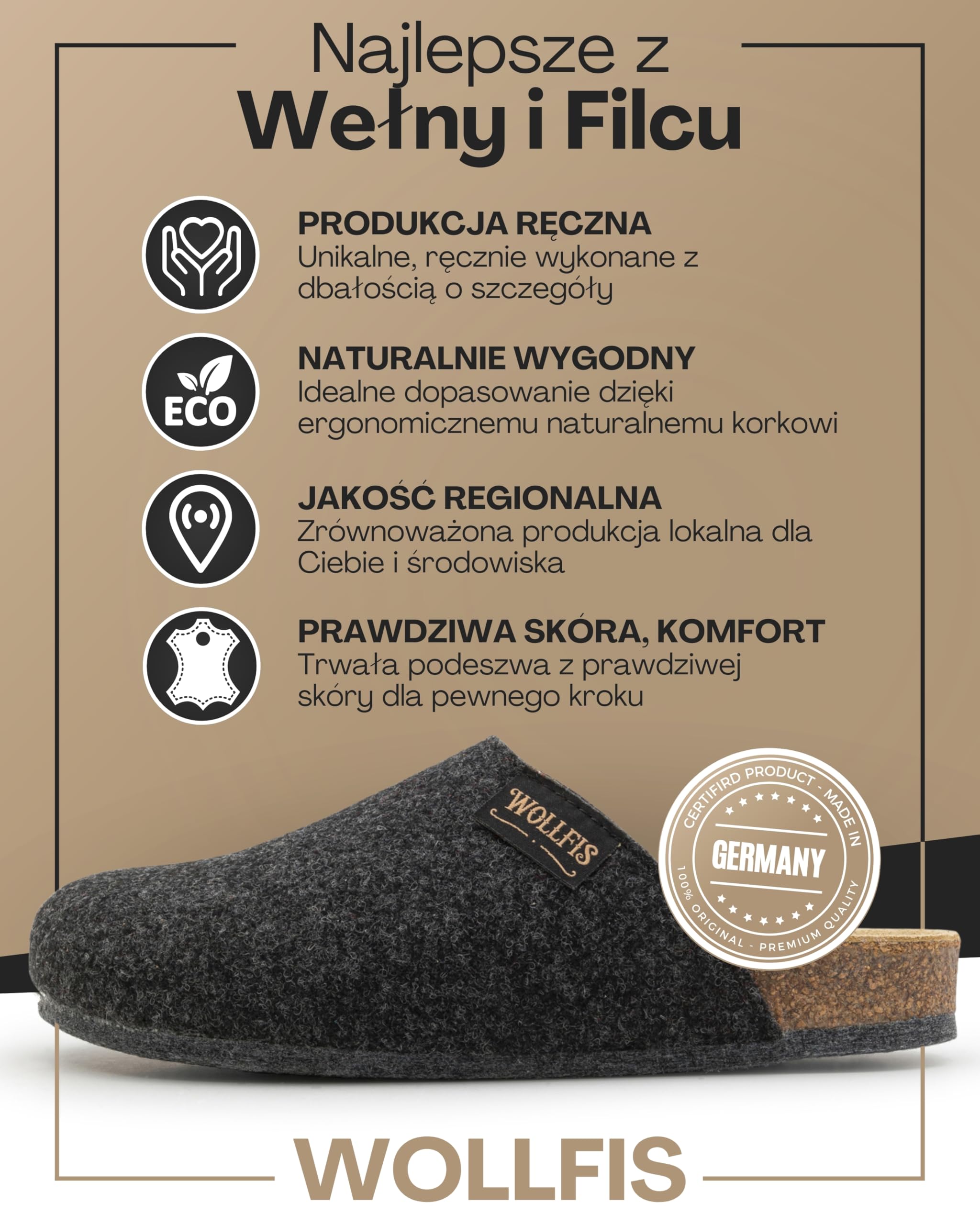 Bio filcowe chodaki, eleganckie pantofle filcowe z wysokiej jakości korka i filcu wełnianego, ciepłe kapcie uniseks z podeszwą ABS, ergonomiczne, oddychające i antypoślizgowe