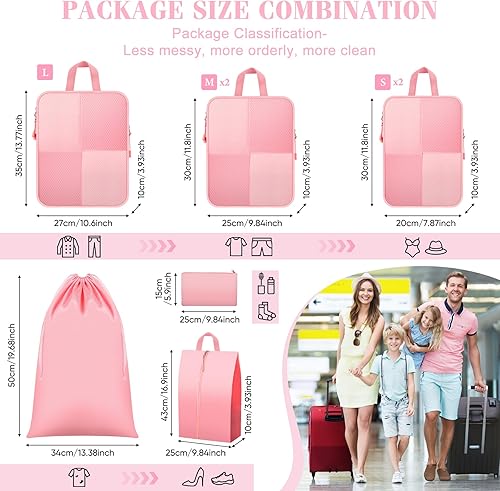 Miniatura 4 de Juego de 8 cubos de compresión para equipaje de viaje, ligeros, expandibles, organizadores de maletas para equipaje de mano, Rosado