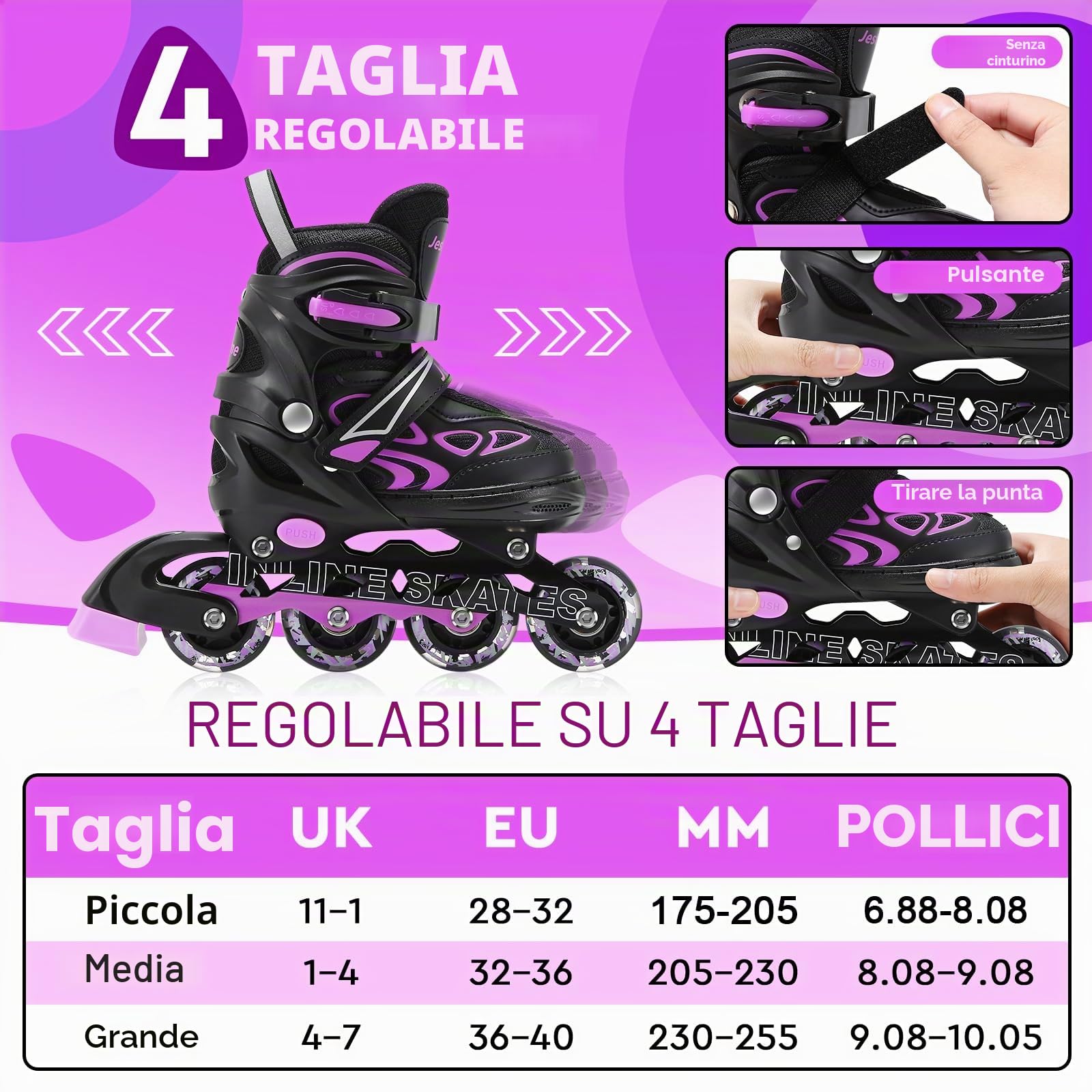 Pattini in linea per bambini, pattini a rotelle bambina regolabili per bambini ragazze ragazzi principianti per interni ed esterni