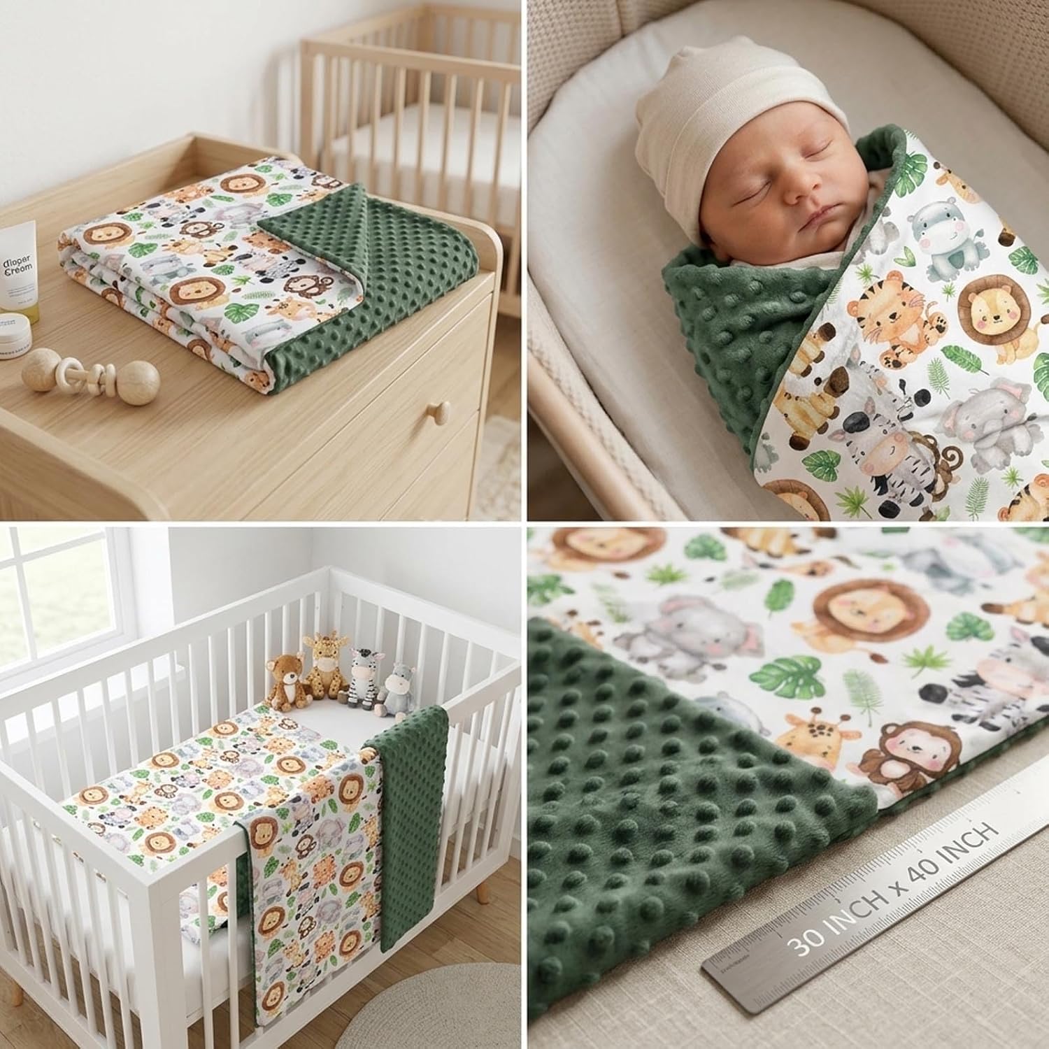 Jungle Animals Baby Blanket 30x40 Inches with Double Layer Dotted Backing | Safari Baby Soft Minky Blanket Nursery Bedding Swaddle for Newborns, Infants, Toddlers, Receiving Blanket