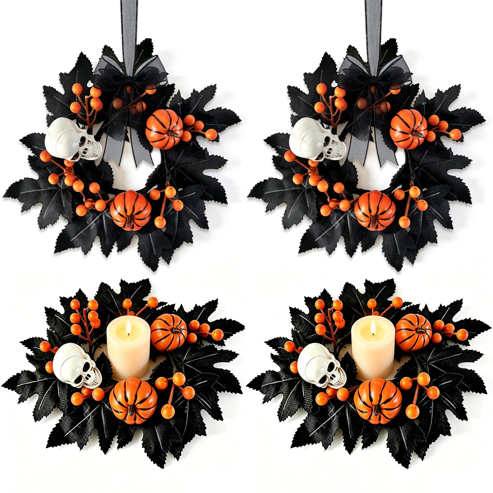4 PCS Halloween Candle Rings Skeleton Maple Leaves Front Door Wreath
