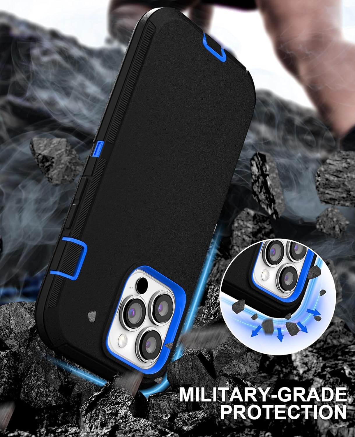 for iPhone 15 Pro Max Case with Belt Clip Kickstand Holster, 2 Camera Lens Protector & 2 Screen Protector, Heavy Duty Full Body Protective Phone Case 6.7" (Belt Clip,Black Blue)