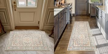 Goideal Kitchen Rug Set of 2, 2x3 & 2x6 Washable Non Slip Rug, Beige Floral Low Pile Rugs Soft Retro Indoor Carpet for Bedroom Living Room Kitchen Bathroom Entryway